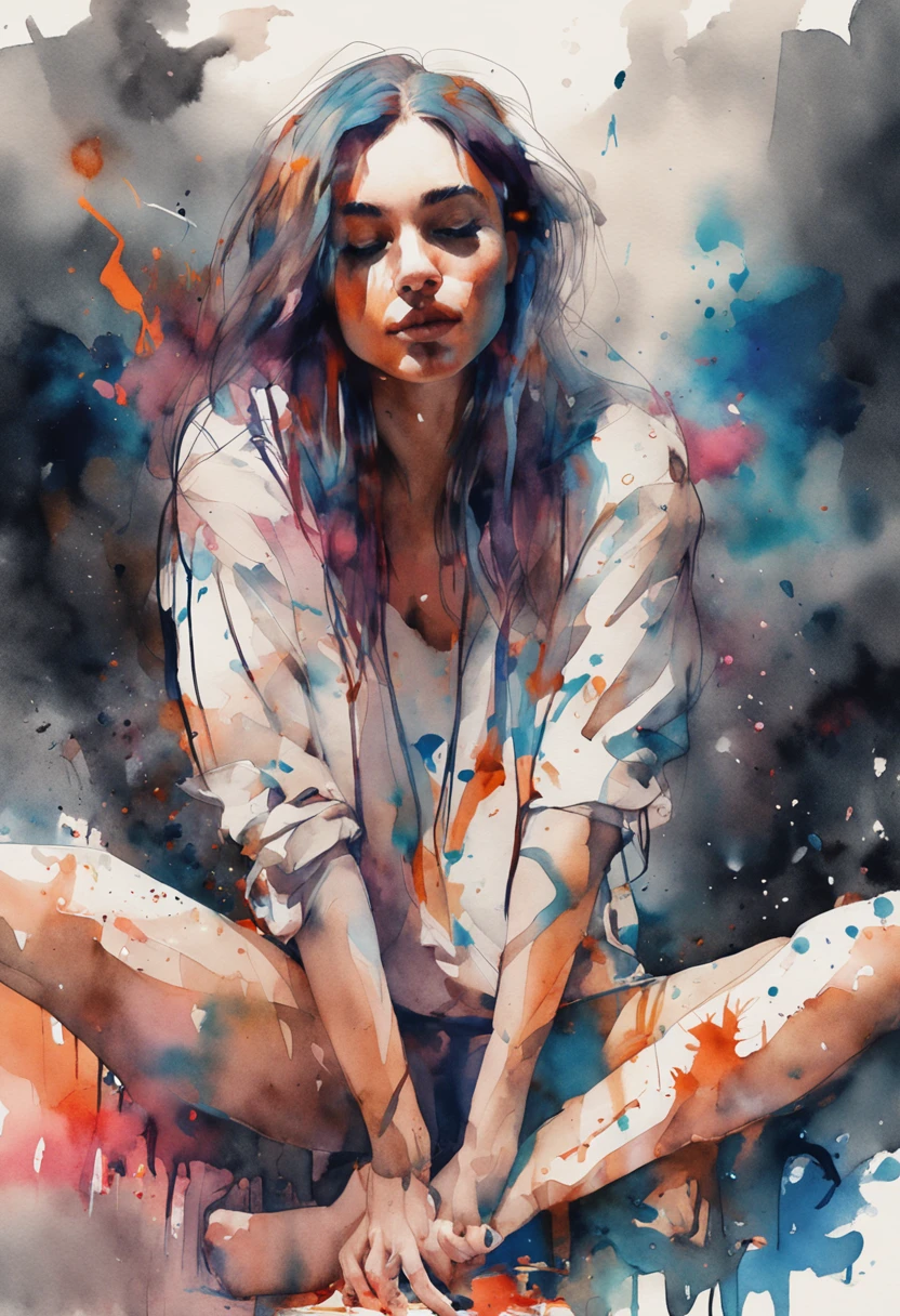 (8k, best quality, masterpiece:1.2),(best quality:1.0), (ultra highres:1.0), watercolor, a beautiful woman, shoulder, hair ribbons, thigh,sitting,by agnes cecile, half body portrait, extremely luminous bright design, pastel colors, (ink:1.3), autumn lights