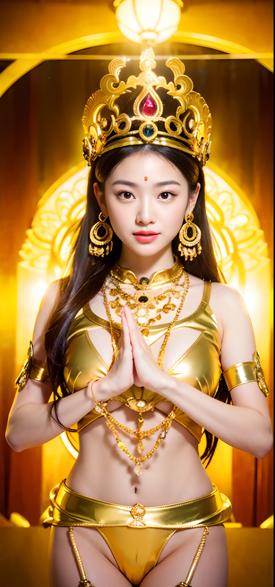 1girl in、top-quality、masterpiece、超A high resolution、(Photorealsitic:1.4)、Raw photo、Deities々Goddess Sibit、(Face of 15 year old beautiful girl)、Straight long hair、glowy skin、Dramatic、(Golden See-Through Competition Swimwear)、(Golden transparent fluttering robe)、(Golden Buddha Statue)、(Golden Guanyin Bodhisattva Statue)、((Golden Very Small Tiara))、(Pray)(Standing whole body)、((delicate finger、Delicate hand))、(delicate paws)、(large full breasts、Clean raised bust)、(Rocket Tits)、((Golden garter stockings))、((Golden Ancient Greek Temple))(Golden wall decorated with gold)、(Blur the background)、(One boob is visible、large areola is visible、 to stand)、(Woman Praying)、(Pray with Your Hands Together)、Full body、standingn、Pray with Your Hands Together、goddes、