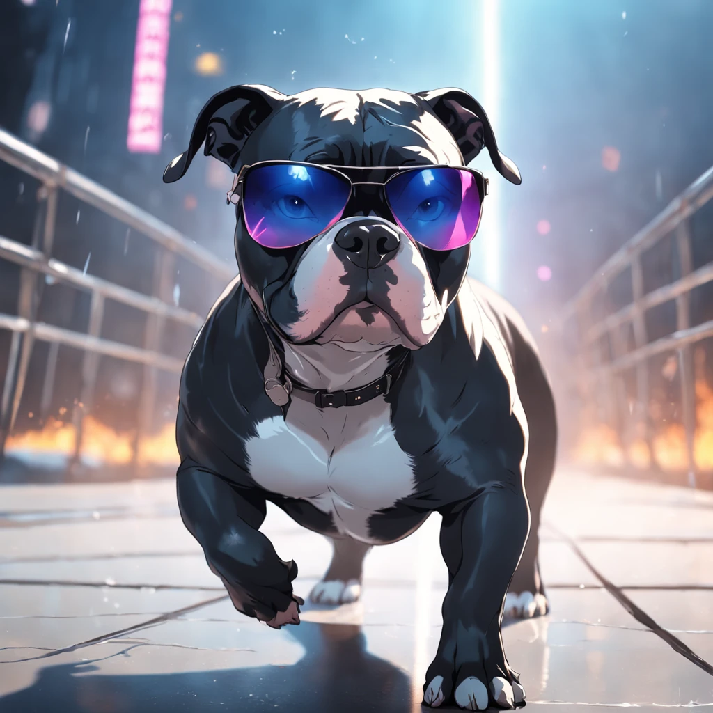 "masterpiece, black-coated American Bully with white color accents, channeling the Matrix style, sporting sunglasses, captured from a dynamic angle, delivering the best quality in stunning 4K resolution."