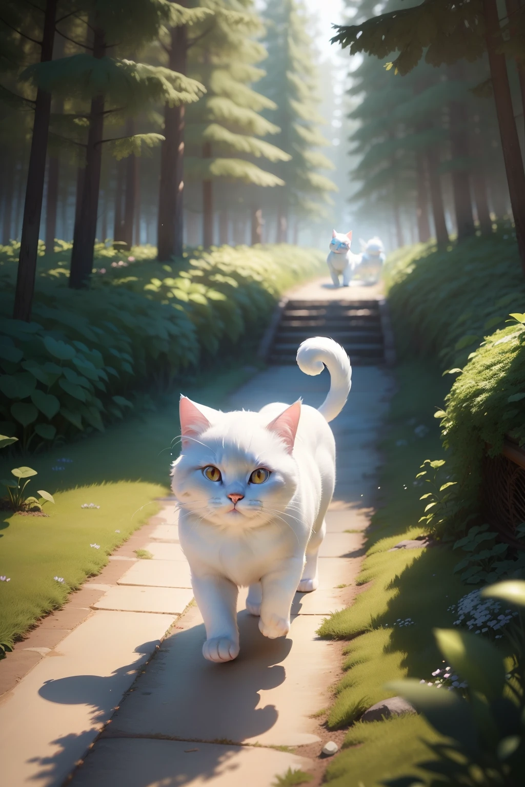 Alafed image of a white cat running, animation character, cute 3d render, White cat, pixar renderman render, Rendered on Pixar, white ( Cat ) girl, 3 d animated, 3D Animation, Pixar Animation,Hyper Detailed, 3D rendering stylized, Pixar CGI, Pixar 3D Animation Style, CGI Animation ,appearance々Angle,Multiple Sheets,rightward,Different angles, Character Sheet, Ghibli style, 児童書, Illustration, --niji 5 --ar 16:9 - Fluffy, a white cat, lives in the forest. One day, he finds a mysterious tunnel. Inside the tunnel, Fluffy gets excited when he walks through it.