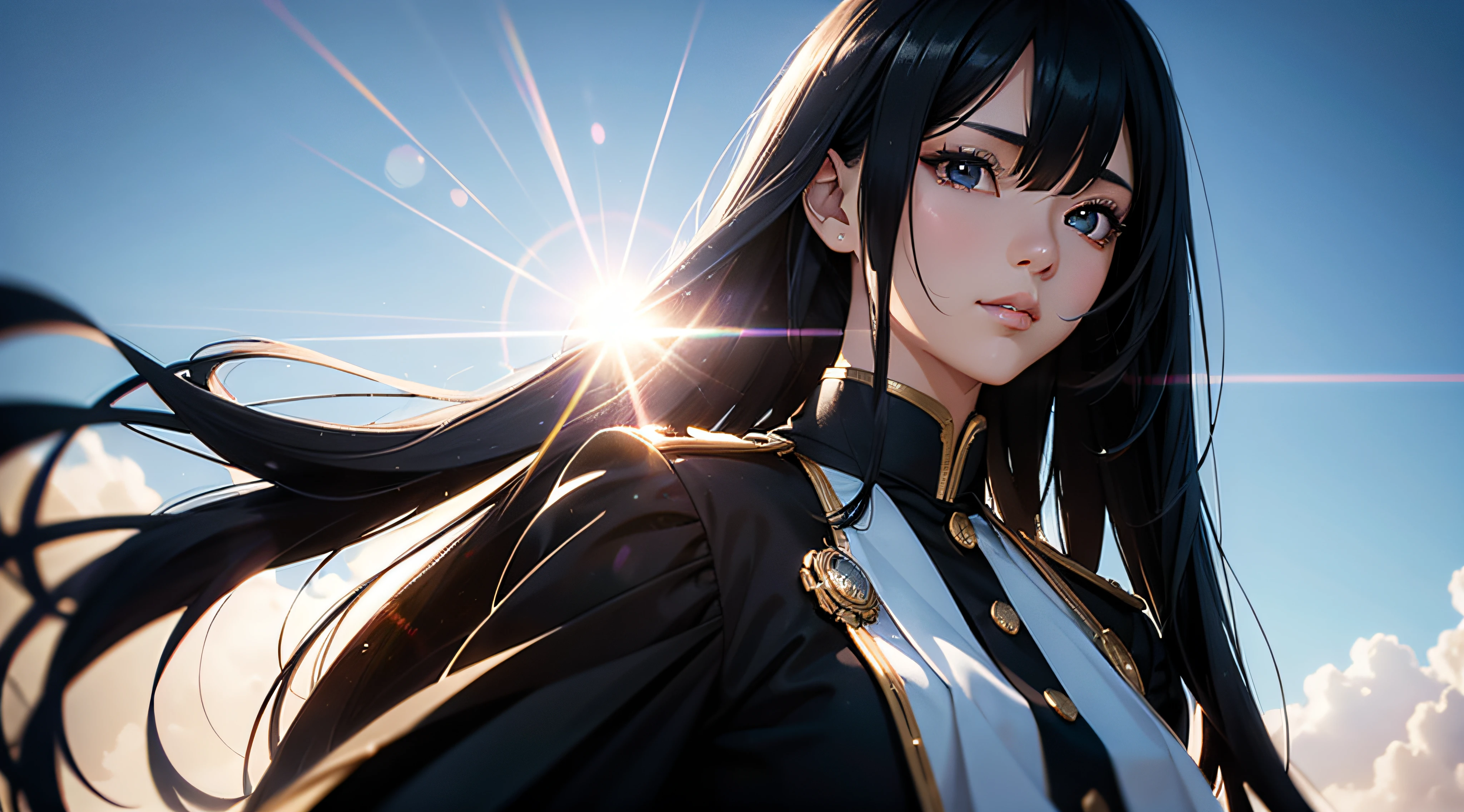 Transcendent beautiful girl with long black hair dressed as a man in male uniform、Highly detailed background，Realistic，ultra-detailliert，super detailed skin，light glow，Film grain，Expro II，Lens Flare，Sharpen，cinematic shadow, Highly detailed background，Realistic，ultra-detailliert，super detailed skin，light glow，Film grain，Expro II，Lens Flare，Sharpen，cinematic shadow、full body Esbian
