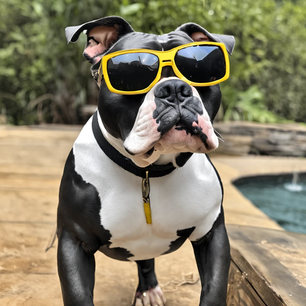 "masterpiece, black-coated American Bully with white color accents, channeling the Matrix style, sporting sunglasses, captured from a dynamic angle, delivering the best quality in stunning 4K resolution."