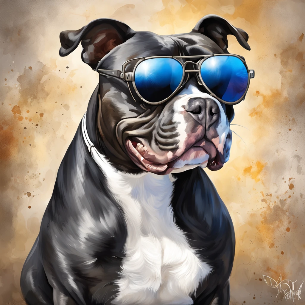 "masterpiece, black-coated American Bully with white color accents, channeling the Matrix style, sporting sunglasses, captured from a dynamic angle, delivering the best quality in stunning 4K resolution."