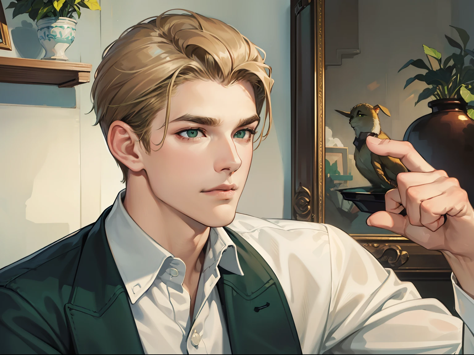 masterpiece, best quality, realistic, 1man, mature male, quiet and charming young man, 18 years old, a smirk, closed mouth, portrait, extremely detailed face, cool and serious, ((dark green eyes)), ((short-side-swept sandy blonde hair)), [thick eyebrows], Livingroom, ((dress shirt))