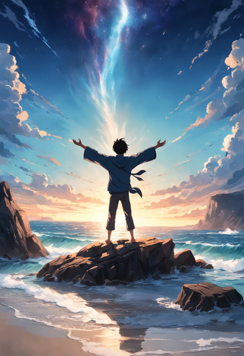 a man standing on a rock with his arms outstretched on the beach, Shutterstock, his arms spread. pronto para voar, arms outstretched, with arms up, O homem encontra a felicidade, his arms spread, Imagem de Stock, arms stretched out, feeling calm, arms stretched out, Imagens de arquivo, Foto de estoque, is relaxing on a beach, pexels