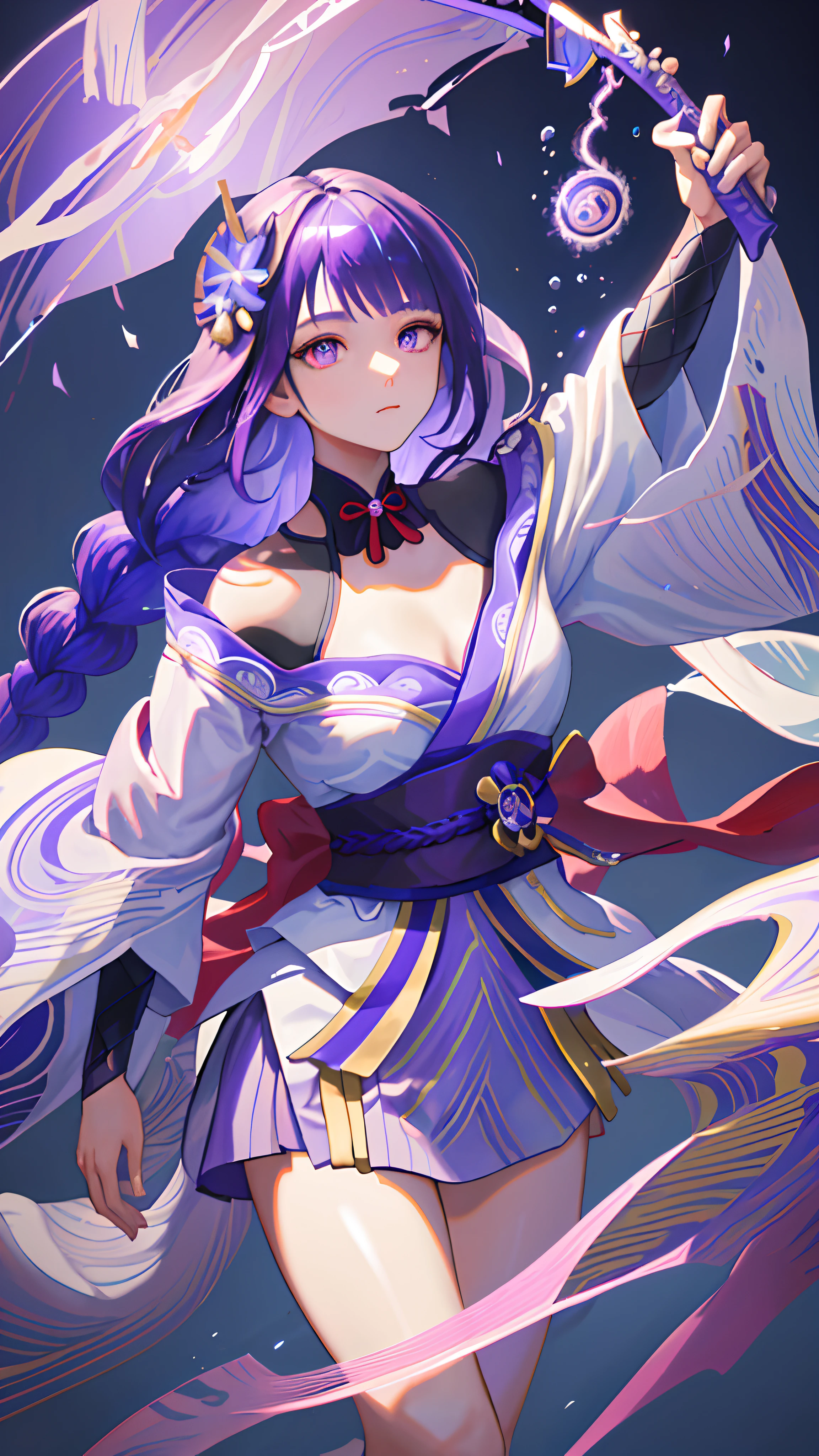 raiden(masterpiece), (best quality), (ultra detailed),(disheveled hair),(illustration), (1girl), beautifuldetailedeyes,delicate beautiful face,Floating,(high saturation),(colorful splashes),colorful bubble,(shining),focus on face, purple hair with a thic long braid, purple eyes, short kimono, holding sword, purple and gold fractals on background