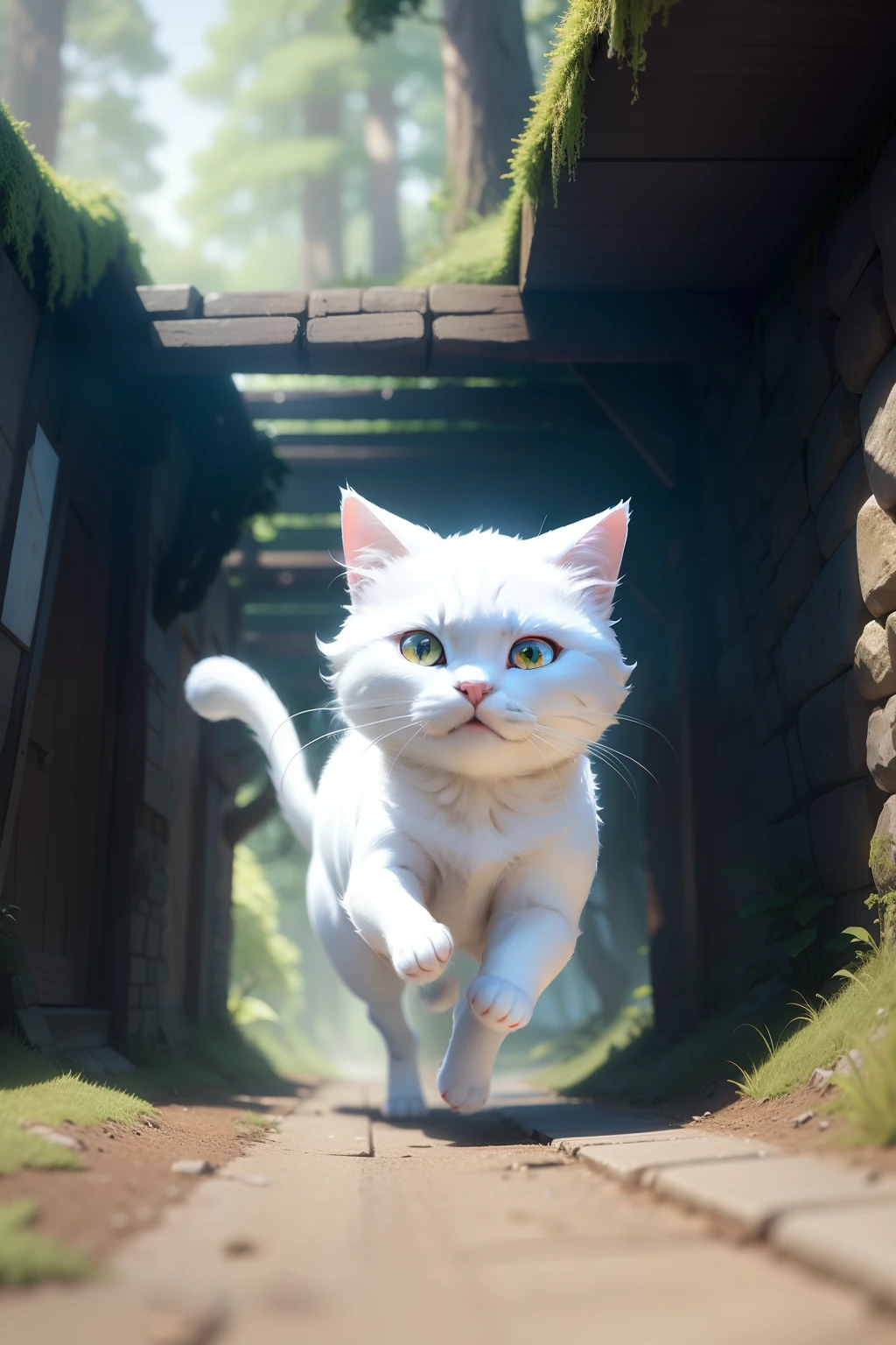Alafed image of a white cat running, animation character, cute 3d render, White cat, pixar renderman render, Rendered on Pixar, white ( Cat ) girl, 3 d animated, 3D Animation, Pixar Animation，Hyper Detailed, 3D rendering stylized, Pixar CGI, Pixar 3D Animation Style, CGI Animation ,appearance々Angle,Multiple Sheets,rightward,Different angles, Character Sheet, Ghibli style, 児童書, Illustration, --niji 5 --ar 16:9 - Fluffy, a white cat, lives in the forest. One day, he finds a mysterious tunnel. Inside the tunnel, Fluffy gets excited when he walks through it.