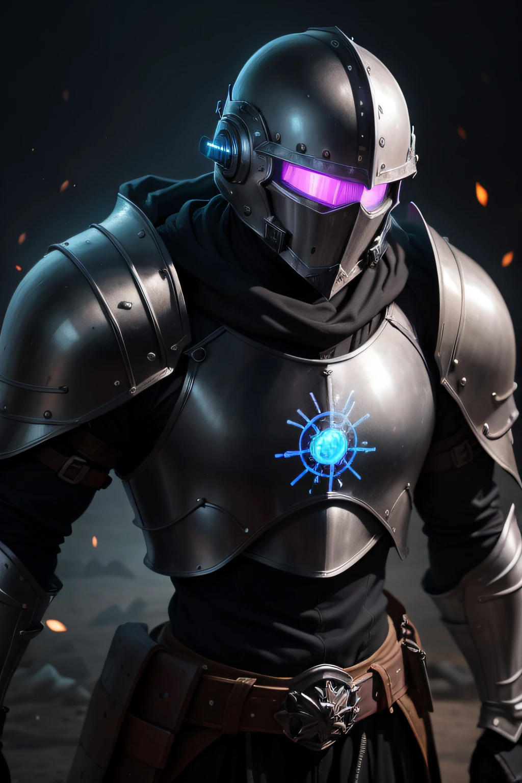 strong male character in black medieval armor with neon light coming out of helmet eyes