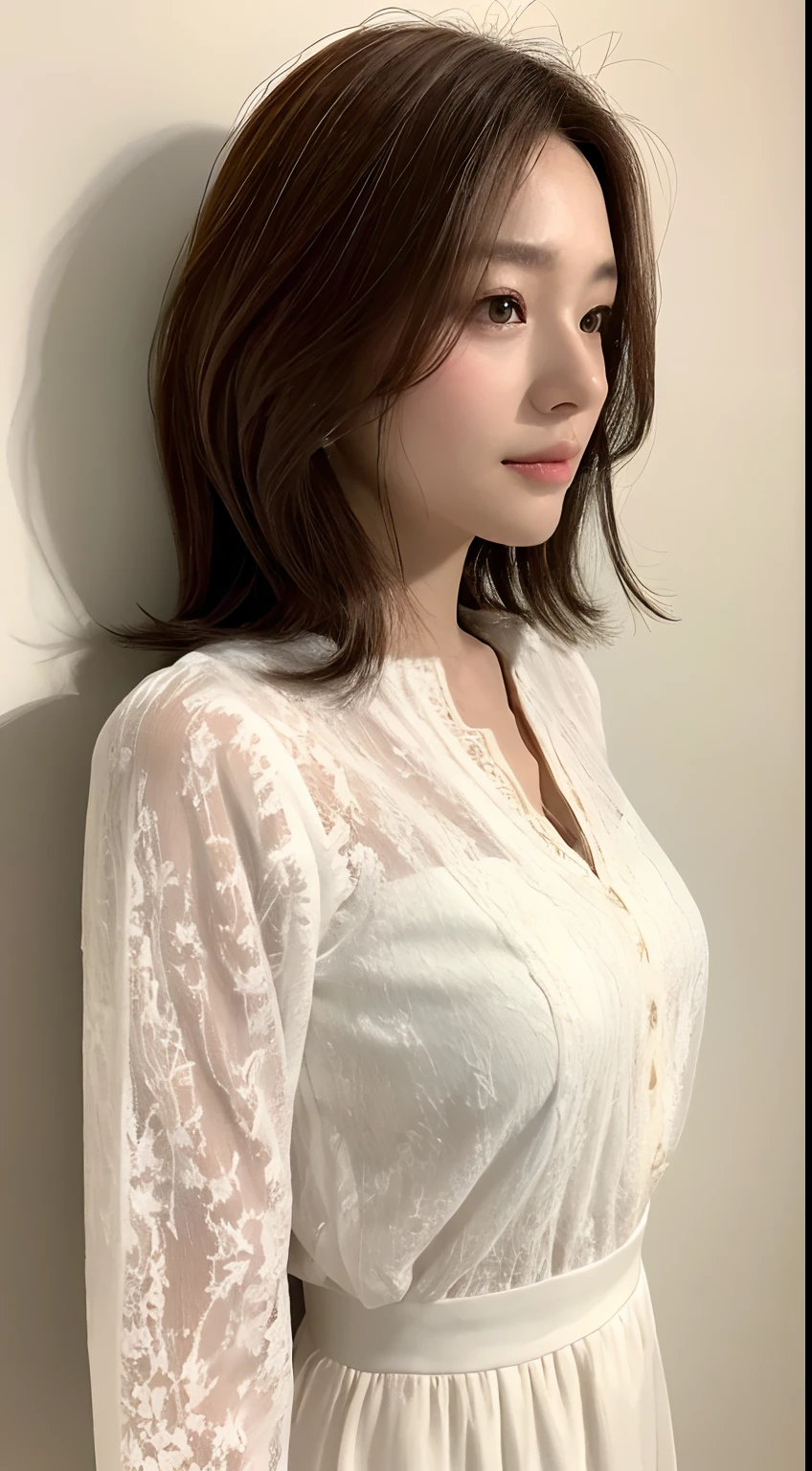 ((top-quality、8K、​masterpiece：1.3))、Crisp focus：1.2、Beautiful Women in Perfect Style：1.4、Sideways upright：1.2、full body1.2((brown haired、Model body type：1.2))、Standing leaning against the wall、(White lace shirt:1.1)、White wall background:1.2、short-cut、Highly detailed facial and skin texture、A detailed eye、二重まぶた、Beautiful white skin、pure、