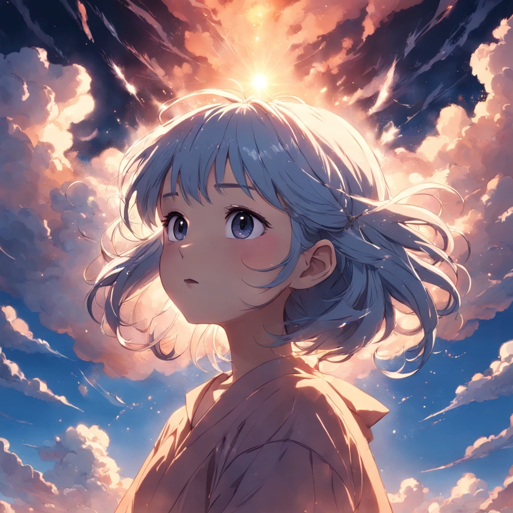 masterpiece, best quality, movie still, 1girl, cloud girl, floating in the sky, close-up, bright, happy, warm soft lighting, sunset, (sparks:0.7)