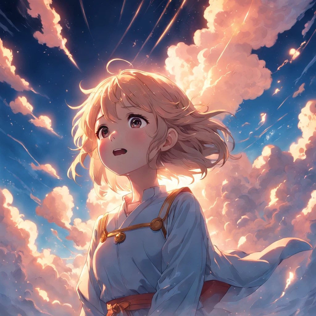 masterpiece, best quality, movie still, 1girl, cloud girl, floating in the sky, close-up, bright, happy, warm soft lighting, sunset, (sparks:0.7)