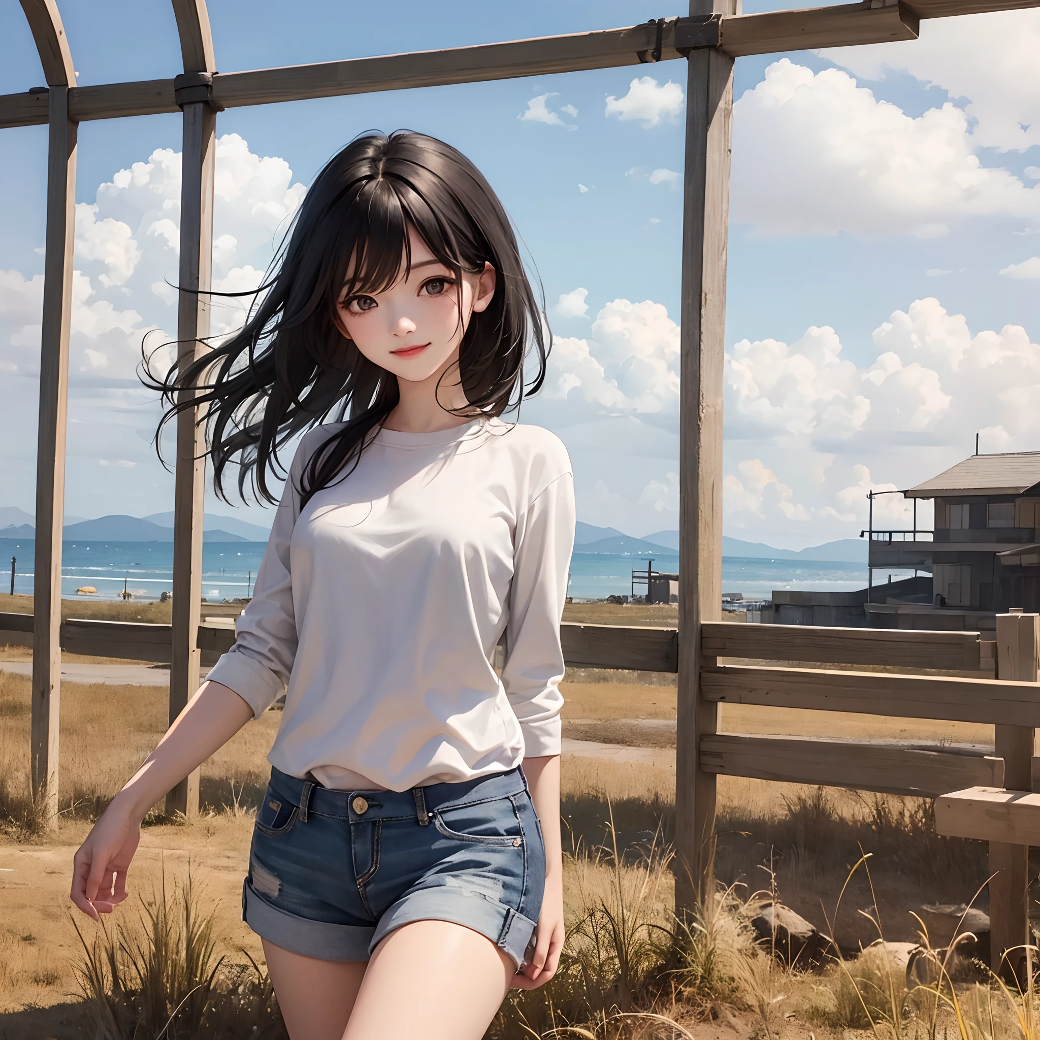 One girl, black hair, gray eyes, soft skin, smiling, sunny, shy, perspective from below, 8k, high resolution, high quality,