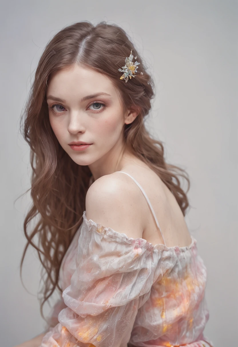 (8k, best quality, masterpiece:1.2),(best quality:1.0), (ultra highres:1.0), watercolor, a beautiful woman, shoulder, hair ribbons, thigh,sitting,by agnes cecile, half body portrait, extremely luminous bright design, pastel colors, (ink:1.3), autumn lights