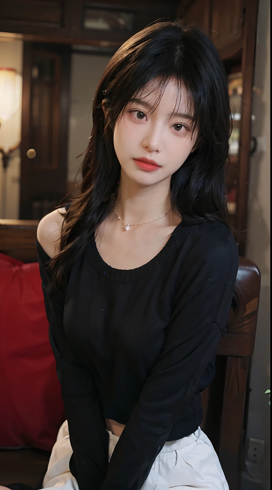 highest quality, masterpiece, Ultra-high resolution, (Realistic:1.4), RAW Photos, One Girl, Off the shoulder, In the Dark, Deep Shadow, moderate, Cold Light , Upper Body