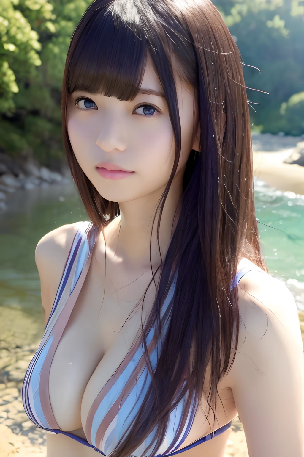 top-quality、masterpiece、超A high resolution、(Photorealsitic:1.4)、Raw photo、1人、japanes、Dark hair、glowy skin、WET BODY、Dramatic Writing、full bodyesbian、female dog、maikurobikini、爆乳、a smile