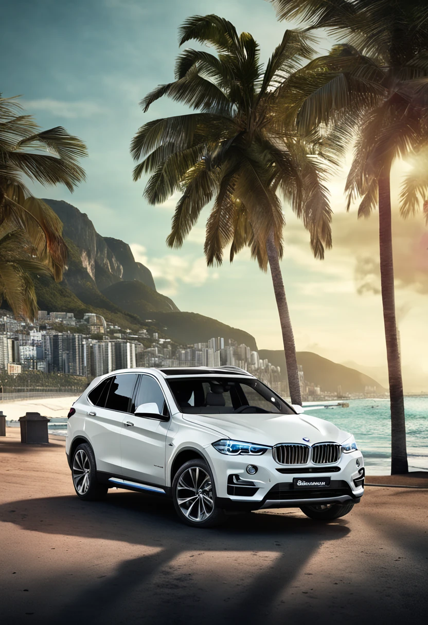 Make a BMW car, Model X1, white color, Brazilian streets, near the Christ the Redeemer Rio de Janeiro, the car is standing in front of a beach, ultra realistic 8k