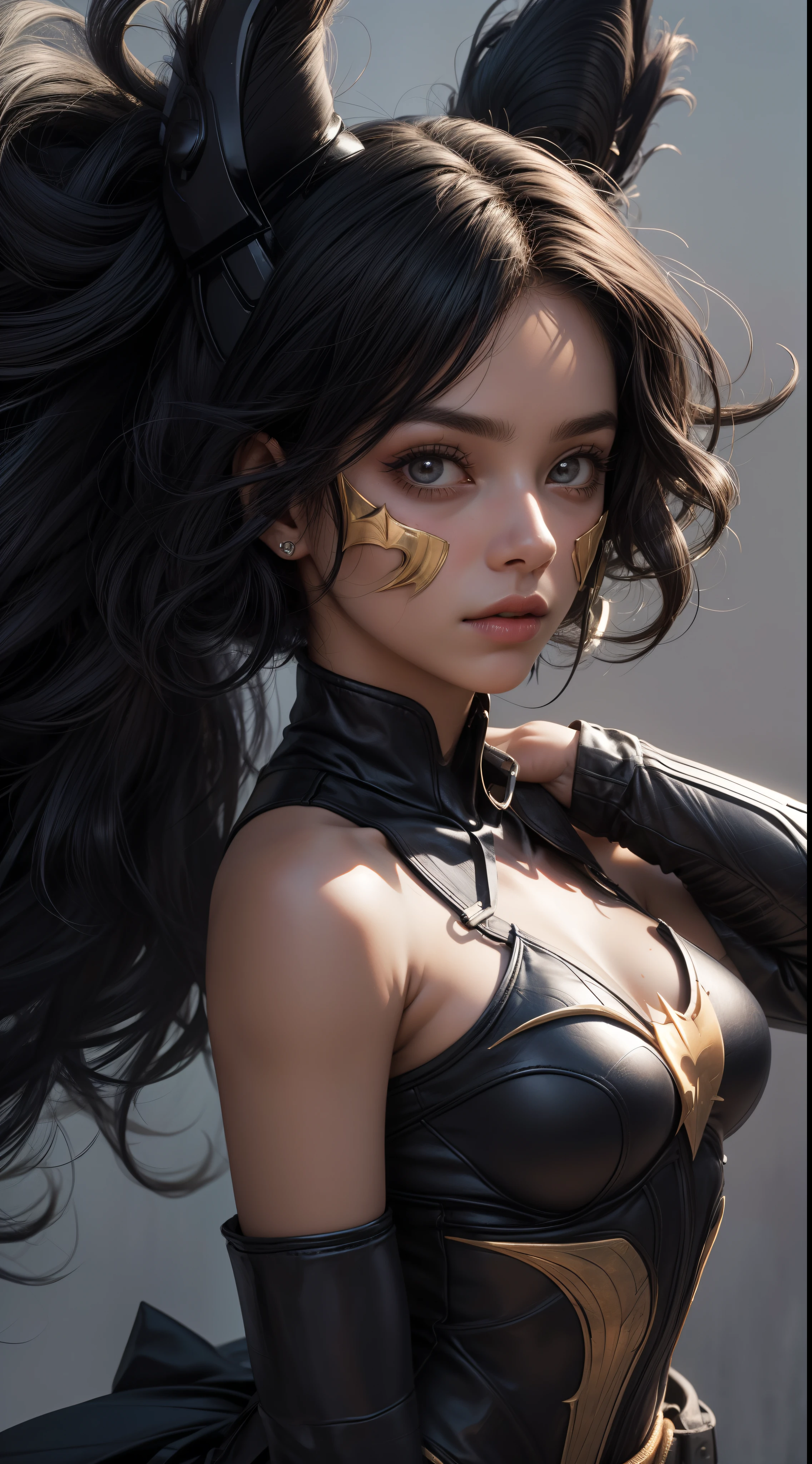 1 closeup de uma garota 18 anos batgirl negra ((AFRO AMERICANA)), cabelo curto, ((wearing batgirl's mask))with hat ((cabelo curto e liso com franja)), fear expression, assustada,,( fleshy lips)olhos grandes,sardas no rosto de ,batom vermelho,( pircing on the lip),colar, brinco, e maquiagem, Angle of the face up close, perfil,Looking at camera