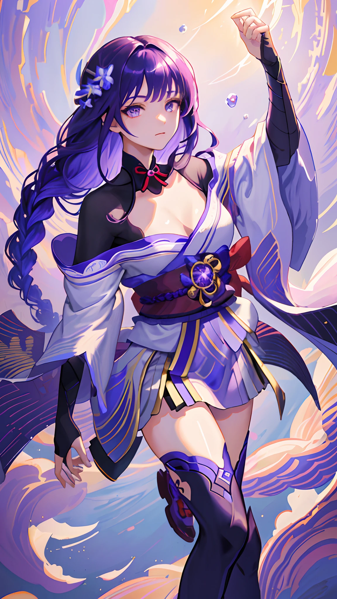 by rella, by Yoshitaka Amano, <lora:Rella:0.2>, 
break
raiden_shogun, \(genshin impact\), solo, super model, detailed face, parted lips, purple eyes, purple hair, detailed hair, bangs, braid, cleavage, original,
break
from side,
break
purple kimono, purple dress, purple thighhighs, nail polish, long sleeves, obi, sash, tassel, pelvic curtain, wide sleeves, purple nails, flower hair ornament, hair_ornament,  mole, armor, ribbon, shoulder_armor, earrings,jewelry,
break
no expression,
break
dancing, holding Engulfing Lightning, looking away,
break
vision_\(genshin_impact\), simple background, black background, (purple lightning effect, particle),
break
watercolor,  [pseudo-impasto:flat-pasto:0.6],
break
beautiful, aesthetic, detailed, beautiful color, amazing quality, best quality, high quality, <lora:leishen3:1>,