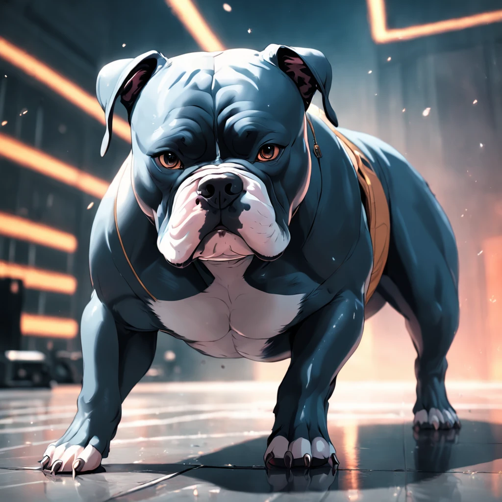 "masterpiece, American Bully with color accents, channeling the Matrix style, Defined muscle, Posing for the canon câmera Professional, captured from a dynamic angle, delivering the best quality in stunning 4K resolution."