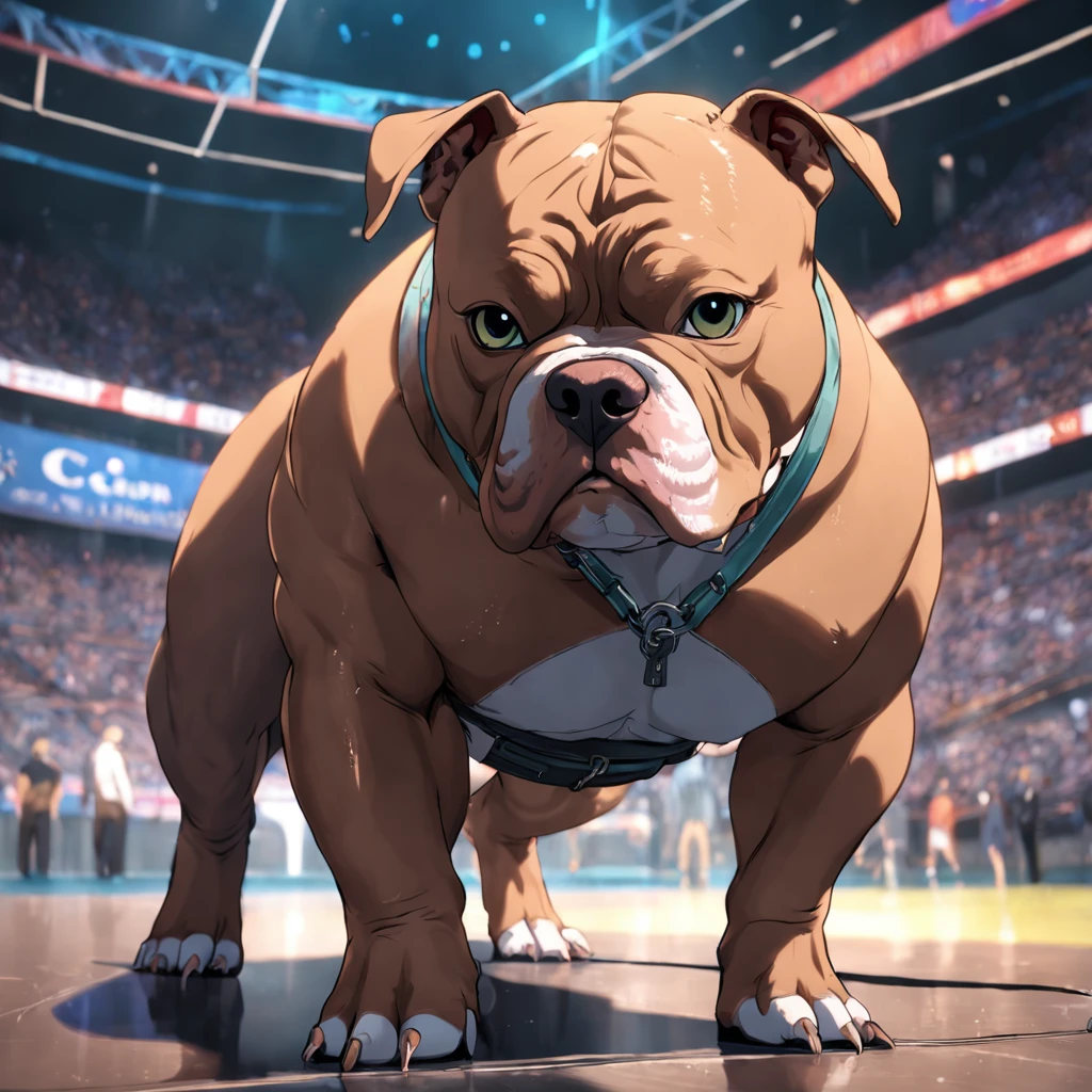 "masterpiece, American Bully with color accents, channeling the Matrix style, Defined muscle, Posing for the canon câmera Professional, captured from a dynamic angle, delivering the best quality in stunning 4K resolution."