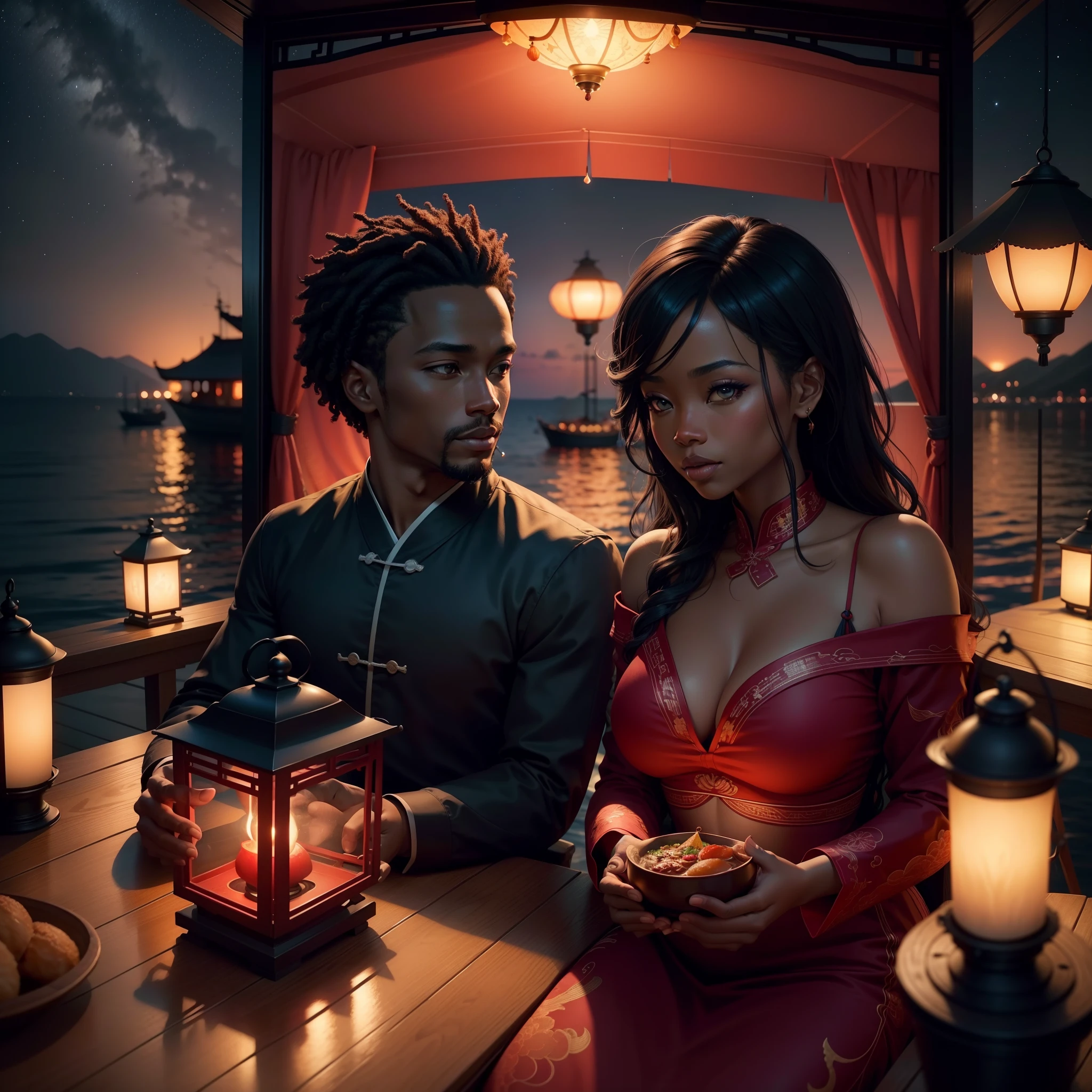 Beautiful black couple having dinner in a boat at the sea, night time lit by stars, floating red chinese lamps in the sky providing light, with iridescent light, highly detailed images, vibrant beautiful colours, photorealistic image, 8k, ultra HD, unreal engine rendered, cinematic lighting, artgerm style,