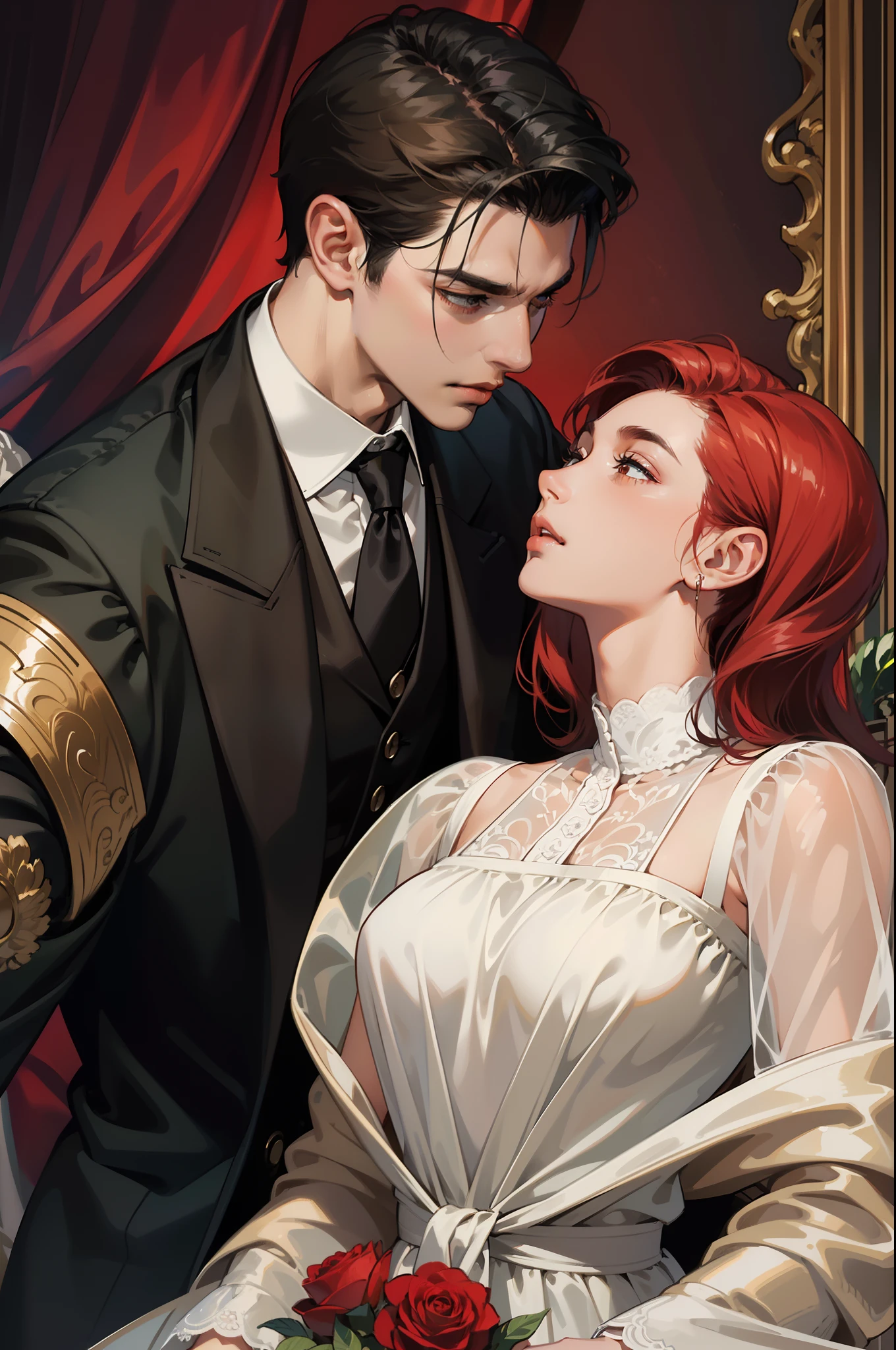 ((obras maestras)), mejor calidad, outstanding illustration, a couple kissing, enfoque suave, 1 chico de cabello negro corto, 1 chica de pelo rojo largo rizado, Ropa victoriana, romanticismo victoriano, ambiente opulento y exquisito, Soft light and warm lighting.