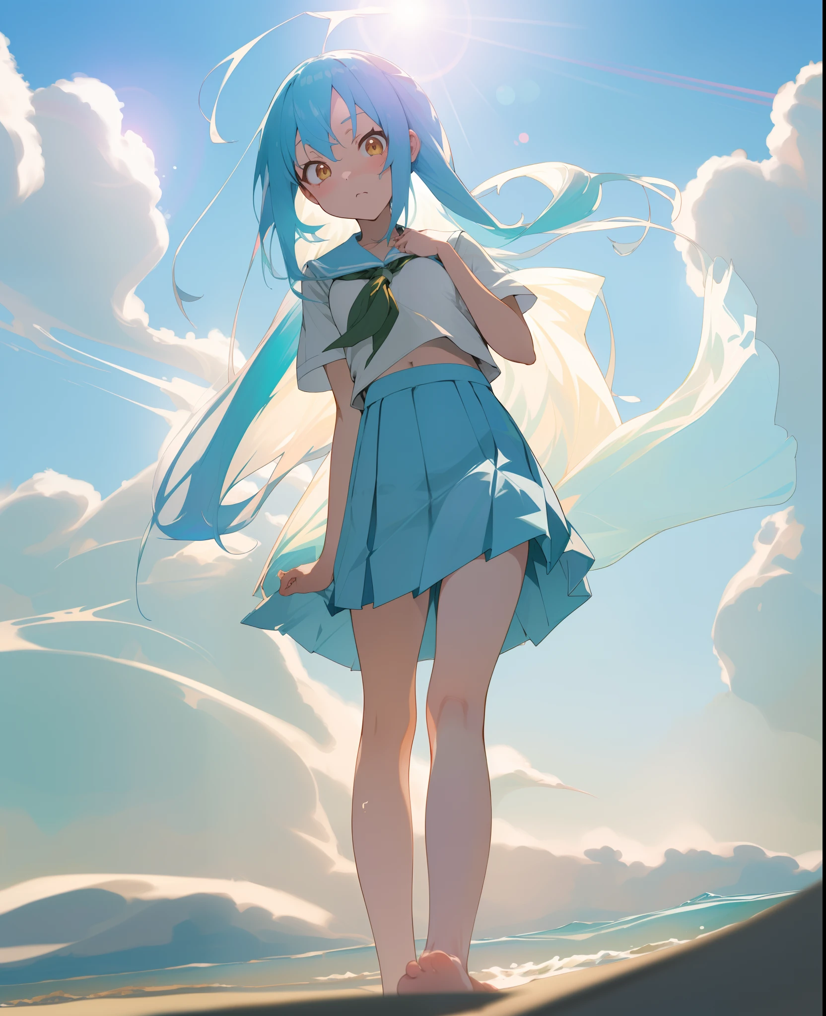 absurderes, hight resolution, ((masutepiece)), animesque、((Best Quality)),(lensflare)、 (Ultra-detailed), (Beautiful), ((Kawaii Girl)), 独奏,Beautiful face、White skin、masterpiece,(ers old:1.5) ,(Long pale light blue hair with a lot of fluorescent colors,,,)、(Summer school uniform:1.3),Standing on the beach in summer、Shoku、embarrassed from,(Low position、From below:1.6)、medium breasts、Holding the skirt fluttering in the wind with your hand、Bare legged、School swim wear
