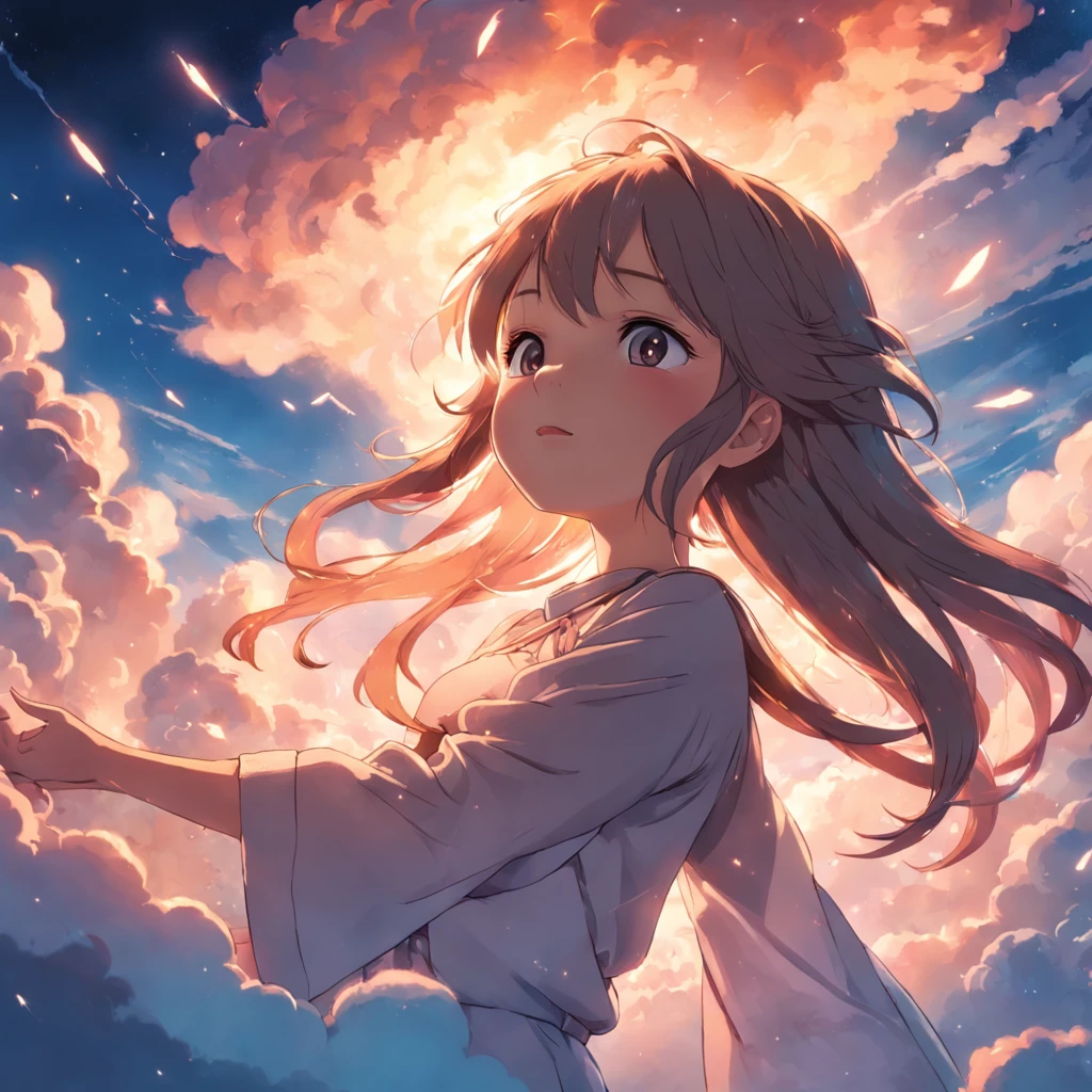 masterpiece, best quality, movie still, 1girl, cloud girl, floating in the sky, close-up, bright, happy, warm soft lighting, sunset, (sparks:0.7)