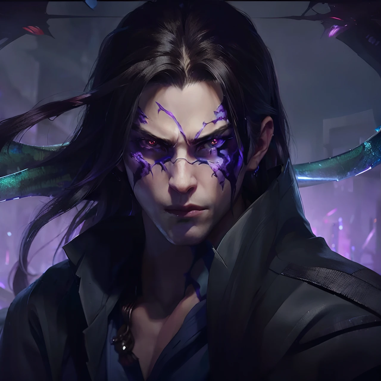 a close up of a person with long hair and purple eyes, sylas, male vampire of clan banu haqim, by Yang J, heise jinyao, astri lohne, artgrem, vampire of clan lasombra, epic portrait of menacing, g liulian art style, alucard, inspired by Huang Shen, male vampire