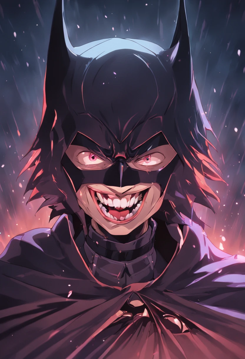 Jedi Batman with giurosa face, left smile, blood tears, dark, exceptional quality, multiple facial scars, laughing Batman, dark Jedi armor, Gothic style
