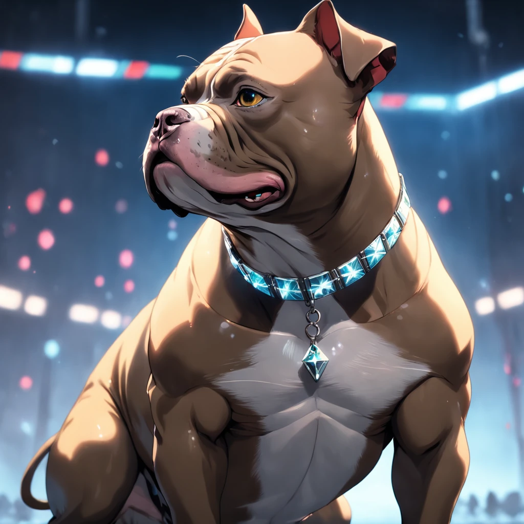"masterpiece, American Bully with  color accents, channeling the Matrix style,Elf-style punctuated ear, neck collar with diamonds,  Defined muscle, Posing for the canon câmera Professional, captured from a dynamic angle, delivering the best quality in stunning 4K resolution."