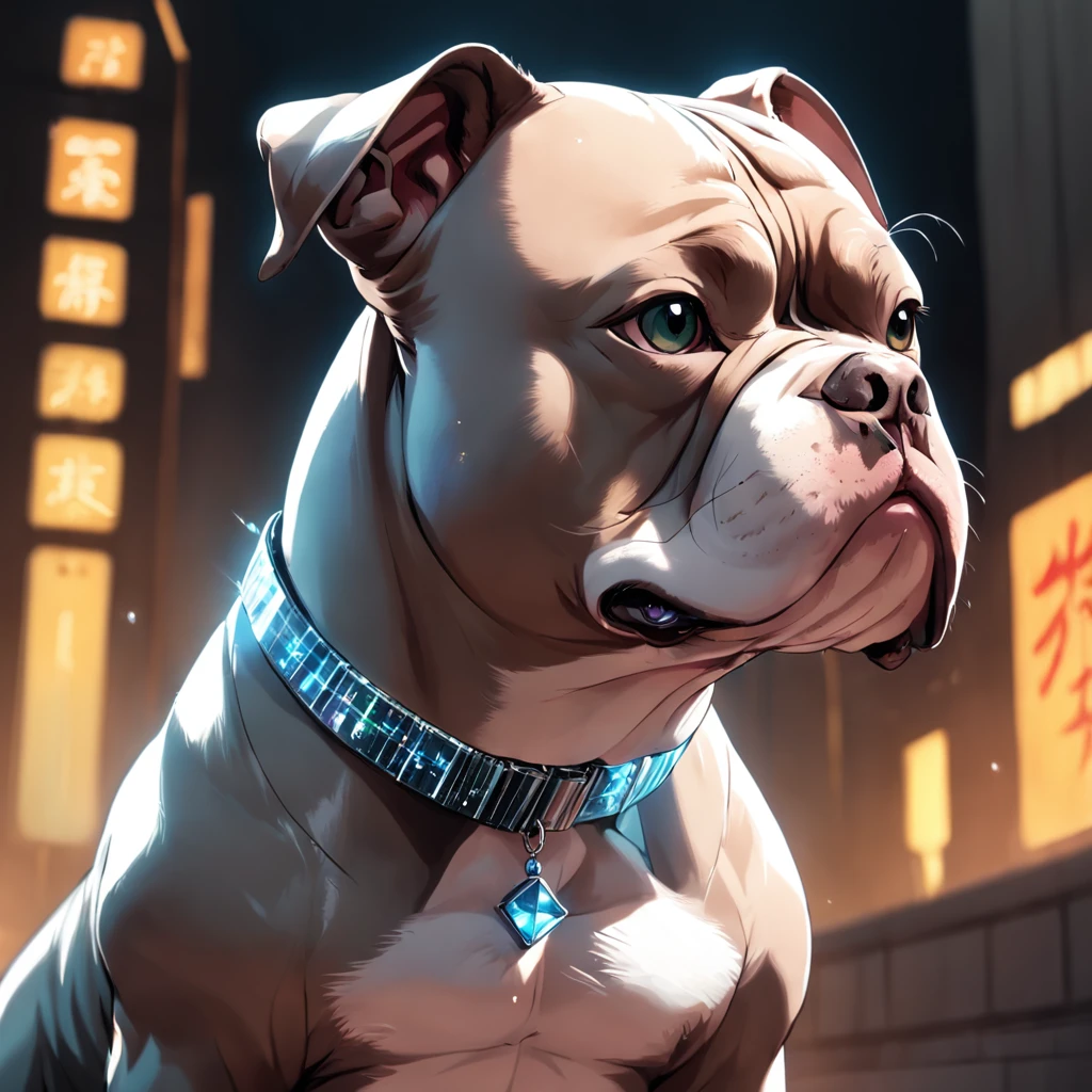 "masterpiece, American Bully with color accents, channeling the Matrix style,Elf-style punctuated ear, neck collar with diamonds, Defined muscle, Posing for the canon câmera Professional, captured from a dynamic angle, delivering the best quality in stunning 4K resolution."
