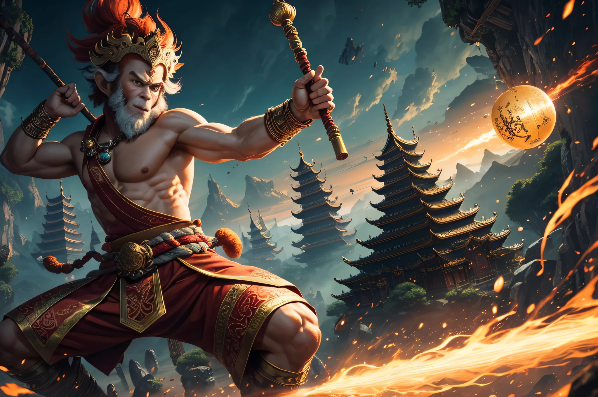 head：Monkey King's head is oval in shape，The five features are distinct。He has a pair of shining eyes，A pair of provocative ears，The nose is slightly curved，The mouth is wide and has a well-defined lip line。He had an erect hair on his forehead，Symbolizes his ape-like status。
2.
Facial expressions：Monkey King's facial expressions are rich and varied，Sometimes curious、Sometimes cunning、Sometimes angry，It fully shows his character traits。
3.
body：Monkey King's body is strong and flexible，The limbs are slender and powerful。His back is slightly curved，Shows the characteristics of monkeys。His muscles are well defined，It shows his great strength and agility。
4.
two hand：Monkey King's hands are flexible and changeable，Able to use a variety of weapons and magic weapons with ease，Such as a golden hoop rod、Nine-toothed nail rake, etc。His fingertips are slightly sharp，Can be climbed and jumped easily。
5.
Feet：Monkey King's feet are equally flexible and powerful，Can be in the trunk、Jump freely on steep terrain such as cliffs。His toes are curved，Ability to walk easily on the ground or on the surface of trees。
6.
trappings：Sun Wukong is wearing a tiger skin skirt，A belt is tied around the waist，Used to secure clothing。He wears a golden phoenix wing purple-gold crown on his head，It adds a bit of majesty to his look。
7.
action：Monkey King's movements are swift and powerful，He can fly in the air、swimming a n middle of the sea、Run on the ground，Demonstrate his extraordinary abilities。Additionally，He is also adept at imitating the morphology and behavior of other creatures，It shows his rich morphing skills。