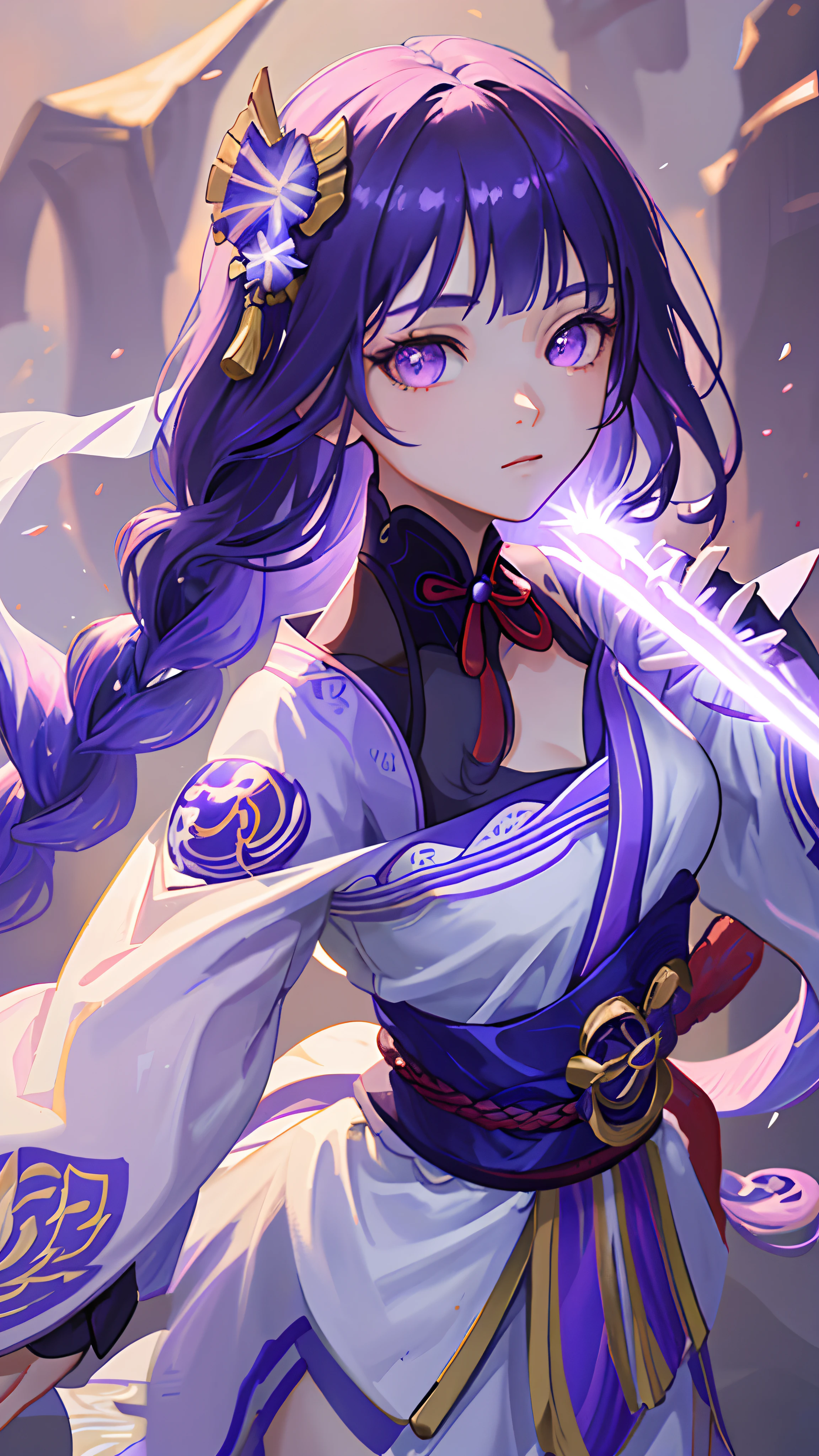 raiden(masterpiece), (best quality), (ultra detailed),(disheveled hair),(illustration), (1girl), beautifuldetailedeyes,delicate beautiful face,Floating,(high saturation),(colorful splashes),colorful bubble,(shining),focus on face, purple hair with a thic long braid, purple eyes, short kimono, holding sword, purple and gold lightning on background