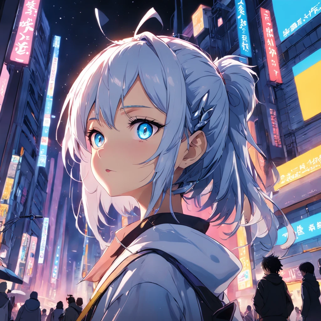 Noite, Fundo colorido da cidade cyberpunk, menina de rua,Nazuna Nanakusa, yofukashi no uta, olhos azuis, olhos brilhantes, Meias pretas, retroiluminado, brilhar, Surveying the audience, Low angle lens, olhando para cima lente, perfect composition, delicadeza perfeita de luz e sombra, 8k