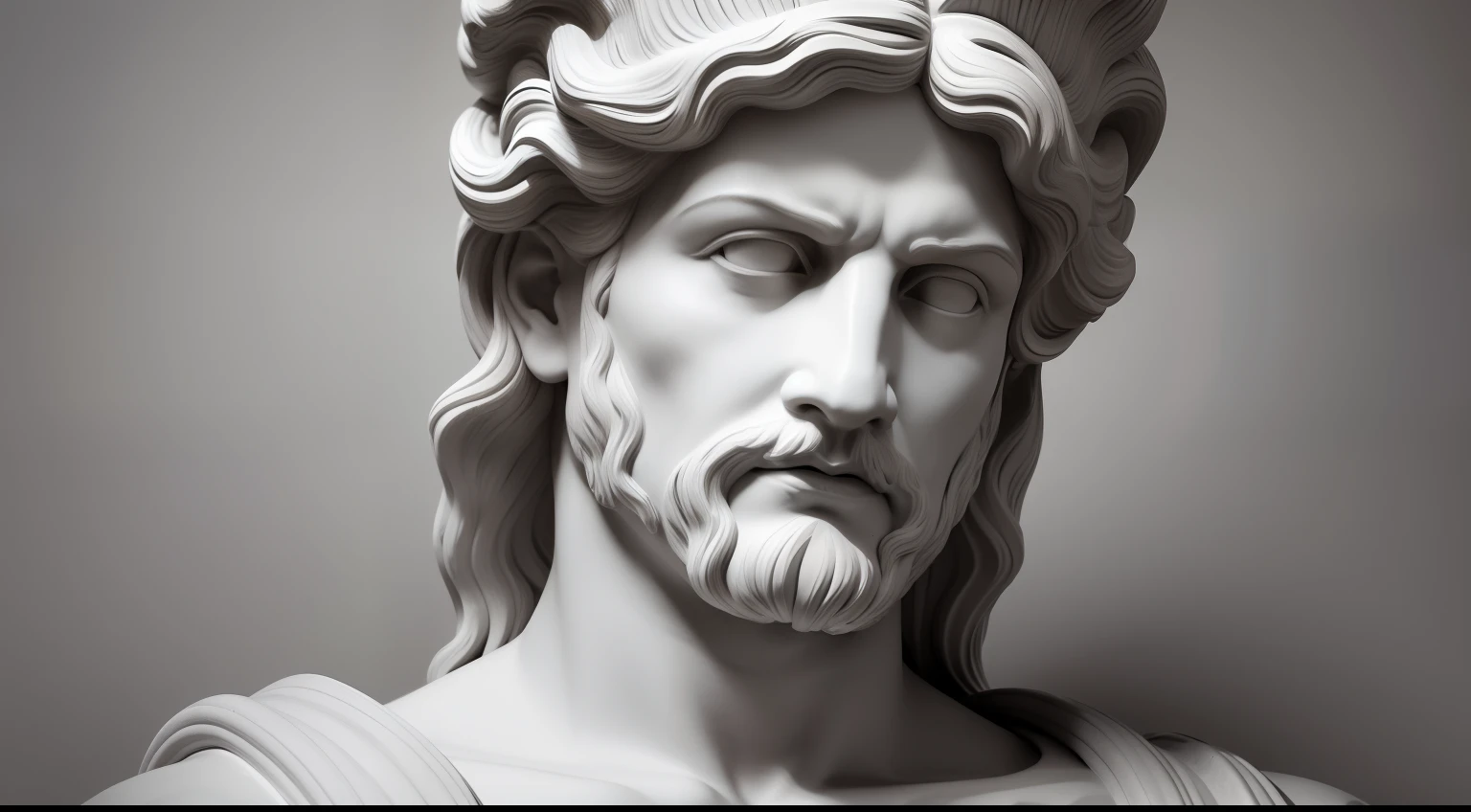 master part, fotorealista 8k. Hiper detalhado, Poderoso Zeus, penteado e rouoas vintage, imagined an intricate extremely detailed Greek stone statue. Color of the statue is monochromatic