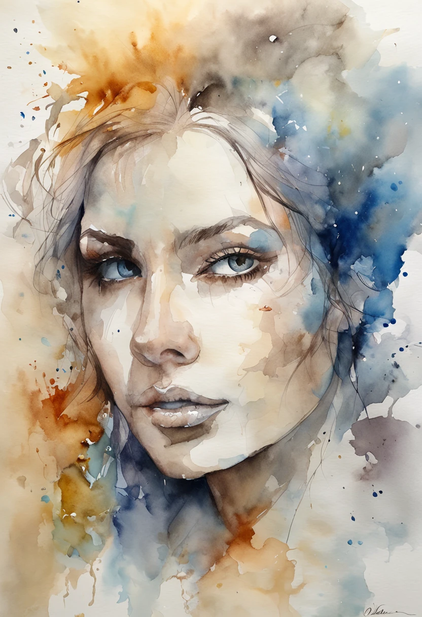 A zoomed-in view of a woman's face, captured in colors , her eyes gazing directly at the viewer with an intense expression, her features etched with a sense of mystery and allure, surrounded by wisps of fog, adding an ethereal touch, Sculpture, carved from marble