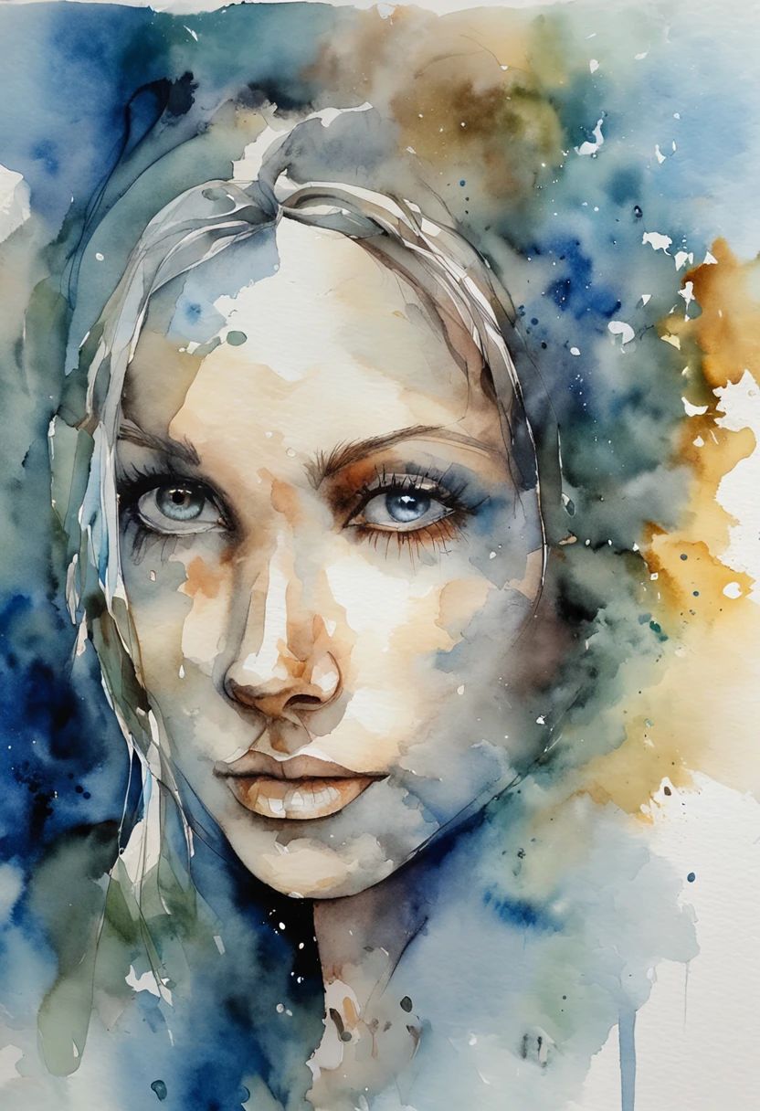 A zoomed-in view of a woman's face, captured in colors Very much a Live, With brightness her eyes gazing directly at the viewer with an intense expression, her features etched with a sense of mystery and allure, surrounded by wisps of fog, adding an ethereal touch, Sculpture, carved from marble