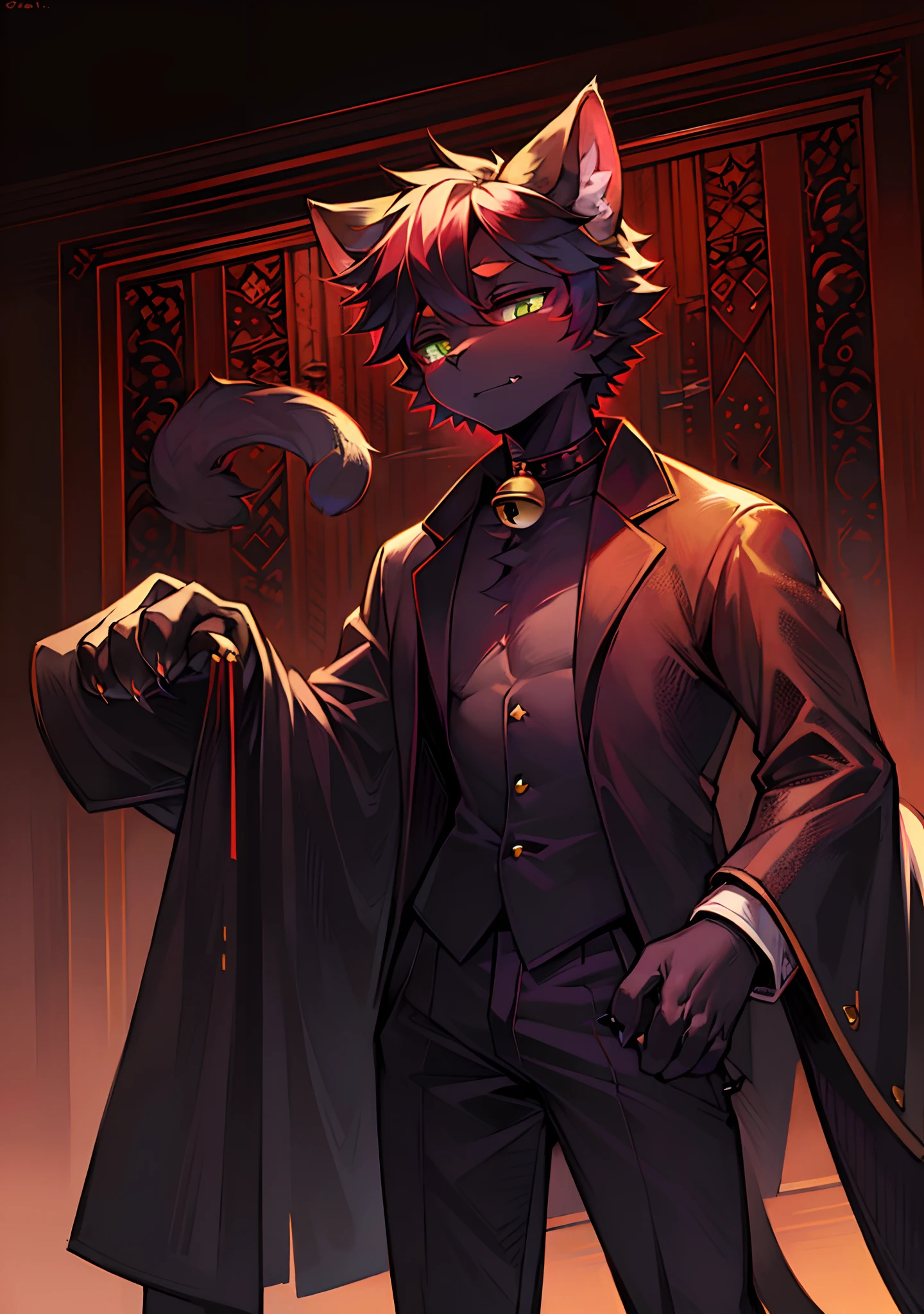 (Best picture quality),(tmasterpiece),,(((solo person))),(ultra - detailed),(Male felines:1.5),（（Sense of adulthood）） (Light black skin:1.3), (Pale black fur:1.3),((greene eyes))，Red eyeliner， ((Feline paws)), ((Black claws)),(Black ears),Sharp focus,(The furry feeling of animal ears)，Exquisite suit dress，A bell is tied around his neck，Tap the table angrily，cigars，smog，red rose，hand gun