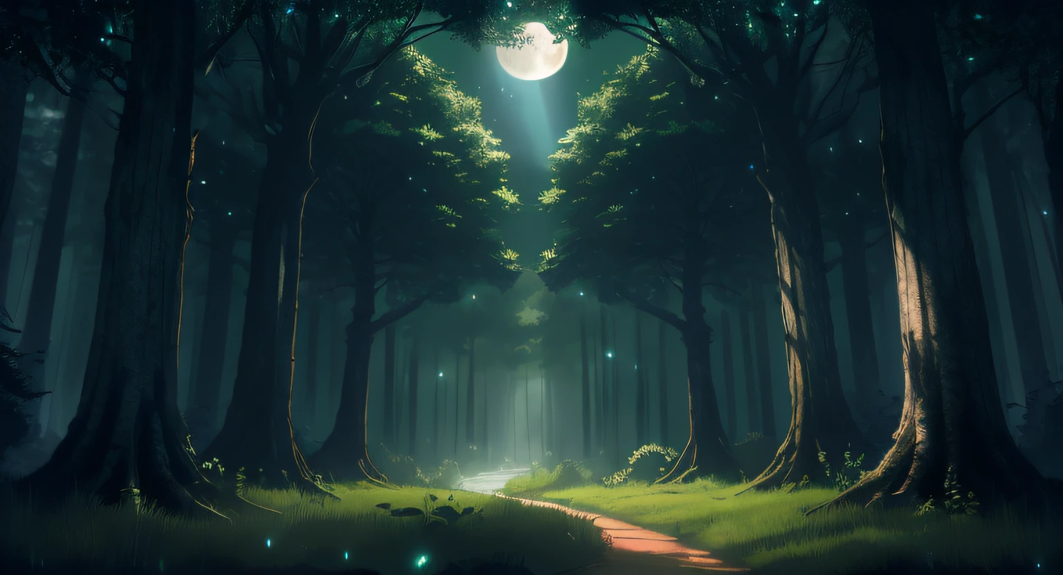 a dark forest through it and a full moon, anime lush john 8k woods, moonlit forest environment, background artwork, forest and moon, moonlit forest, anime background art, quiet forest night scene, an image of a moonlit forest, concept art wallpaper 4k, magical forest backround, digital 2d fantasy art, background art