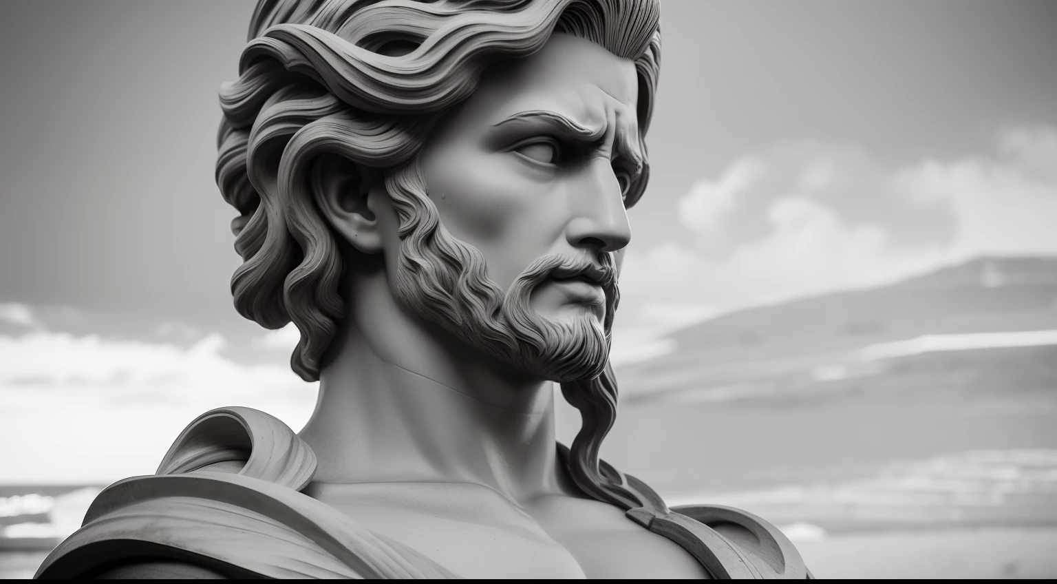 master part, fotorealista 8k. Hiper detalhado, Poderoso Zeus, penteado e rouoas vintage, imagined an intricate extremely detailed Greek stone statue. Color of the statue is monochromatic