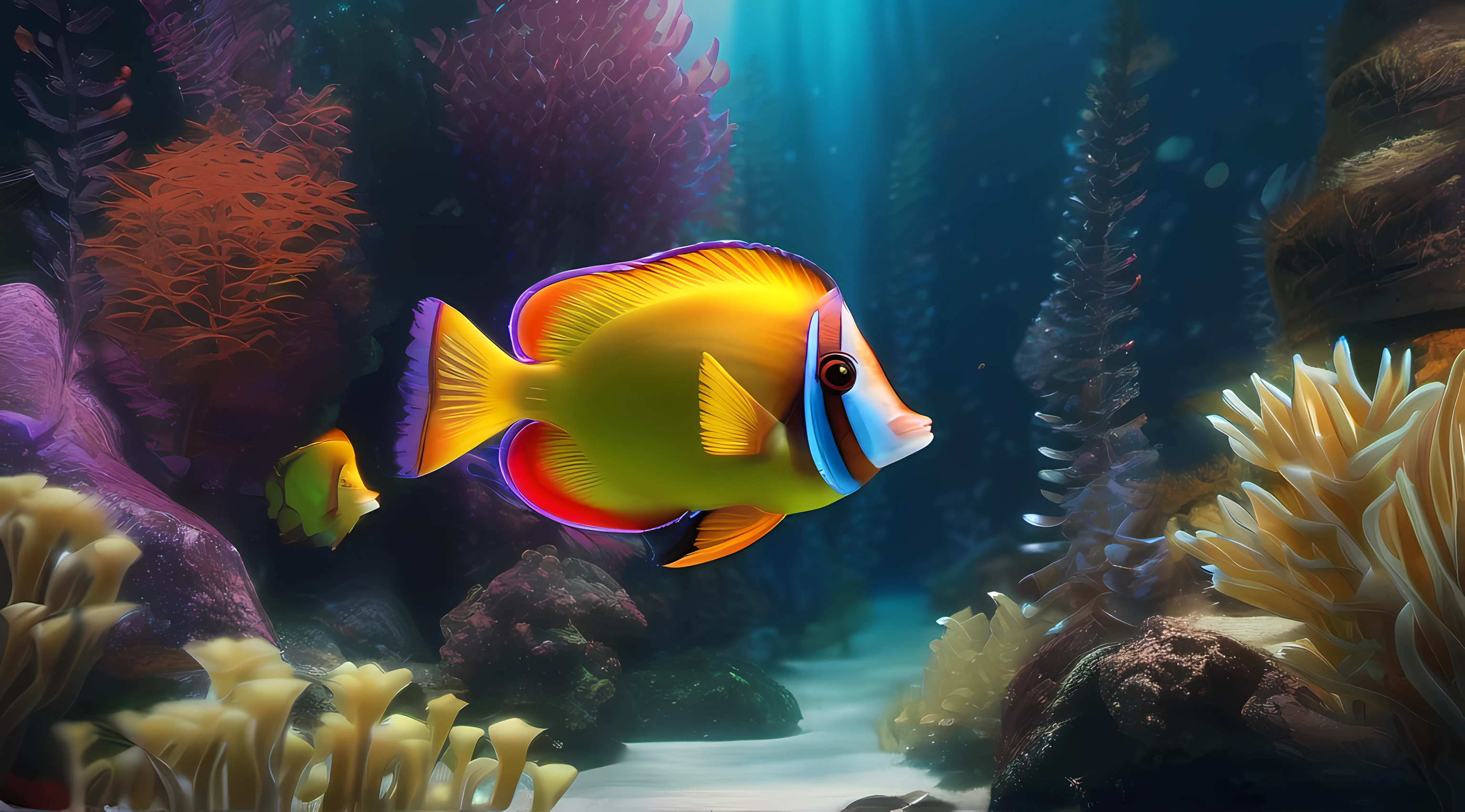 Imagem marinha, Underwater, exotic fish, bioiluminescente, plantas marinhas, corais, cores quentes, cinematic lighthing, detalhes intrincados, 8K