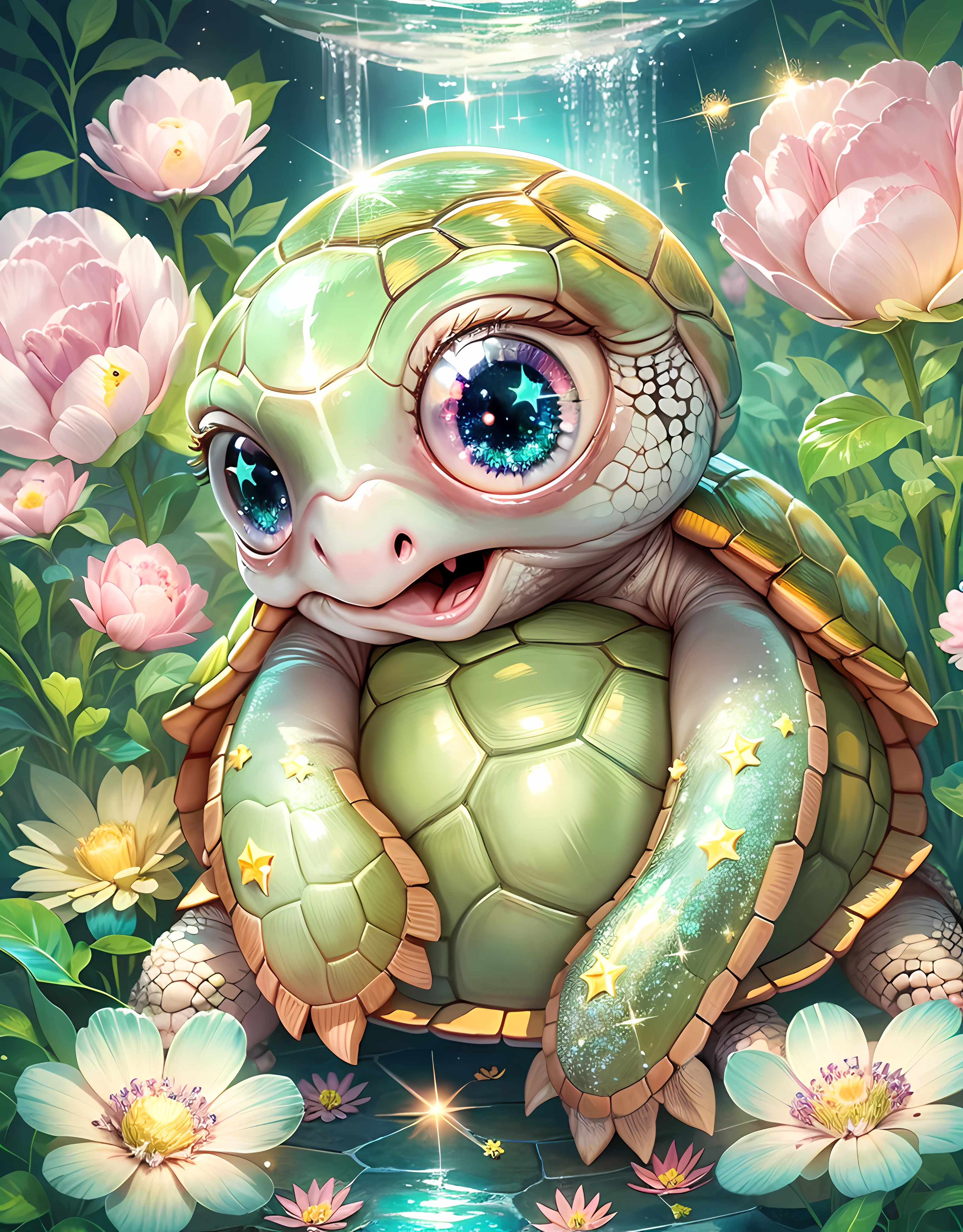 ((Fairy tale)), ((Cute turtle illustrations are drawn)), big eyes, round eyes, eyes glowing, (various poses), beautiful garden in the background, colorful flowers in bloom, pink, blue and yellow flowers. It was bathed in light, and the floor was studded with sparkling jewels. The sparkle of diamonds and the sparkle of emeralds spread out as beautifully as stars.