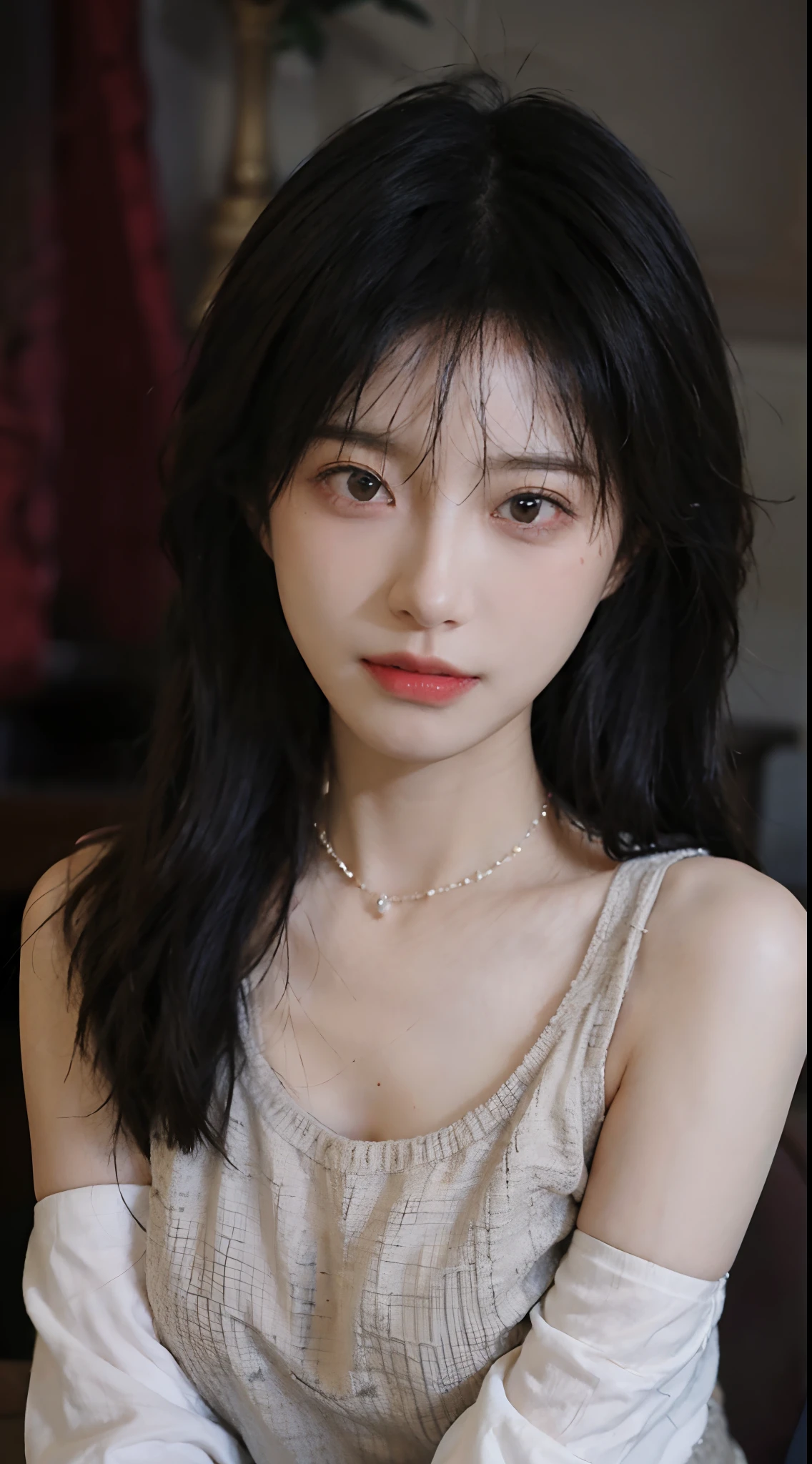 best qualtiy, 超高分辨率, (realisticlying:1.4), one-girl,Pink Long Hair, Plain makeup,A pair of clear and moving eyes,Royal Sister,Beige sweater, looking at viewert, closeup cleavage ,