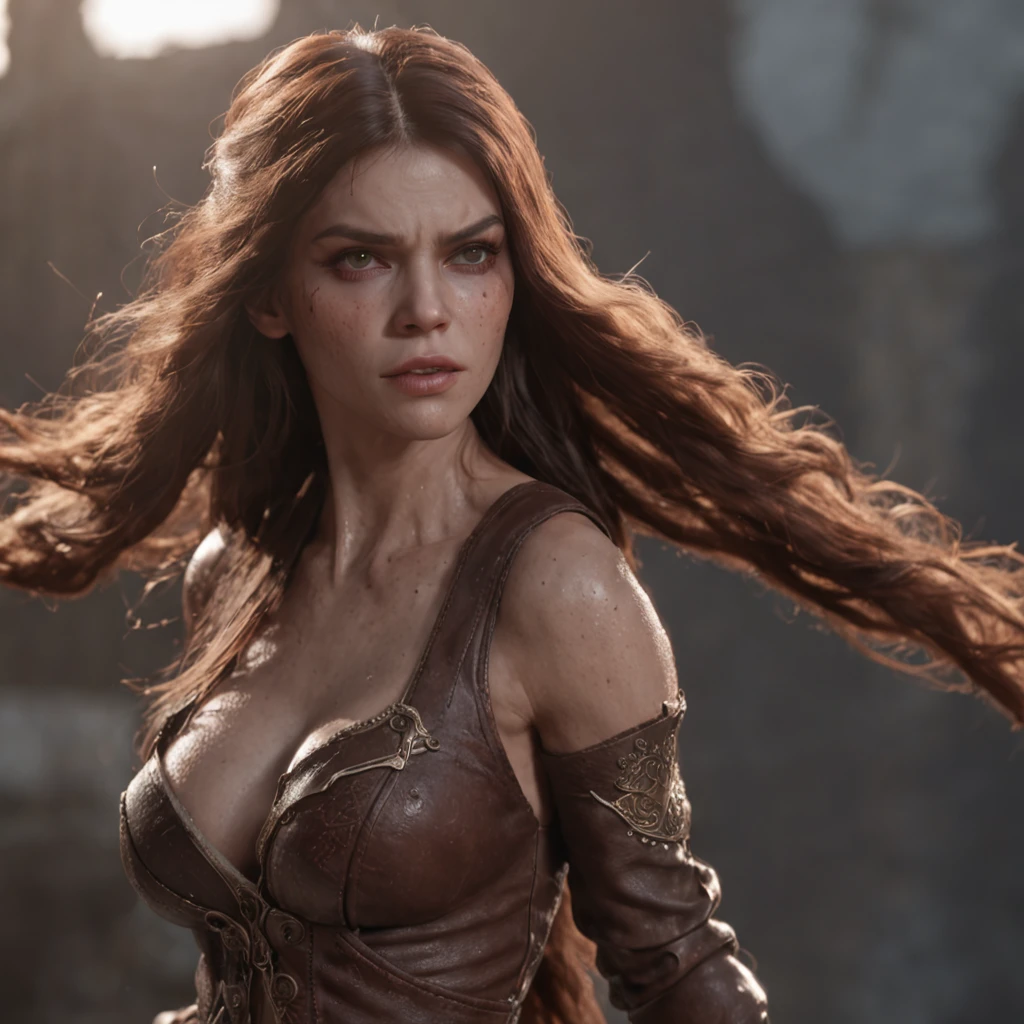 (professional 3d render:1.3) af (Realistic:1.3) most beautiful artwork photo in the world，Features soft and shiny female heroes, ((Epic hero fantasy muscle woman rough wet hero angry look long hair short beard and ferocious expression in dynamic pose, Fantastic location, Majestic cluttered environment)), full body 8k unity render, action  shot, skin pore, very dark lighting, heavyshading, Detailed, Detailed face, (vibrant, photograph realistic, Realistic, Dramatic, Dark, Sharp focus, 8K), (Old leather garments damaged by weathering:1.4), ((((Wear fur)))), (Intricate:1.4), decadent, (Highly detailed:1.4), Digital painting, rendering by octane, art  stations, concept-art, smooth, Sharp focus, illustration, Art germ, (loish:0.23), wlop ilya kuvshinov, and greg rutkowski and alphonse mucha gracias, (Global illumination, Studio light, volumettic light), heavy rain, particles floating, lotr, fantasy, elf, full bodyesbian, ((Dark and ancient city background:1.3)),CGSesociety,art  stations