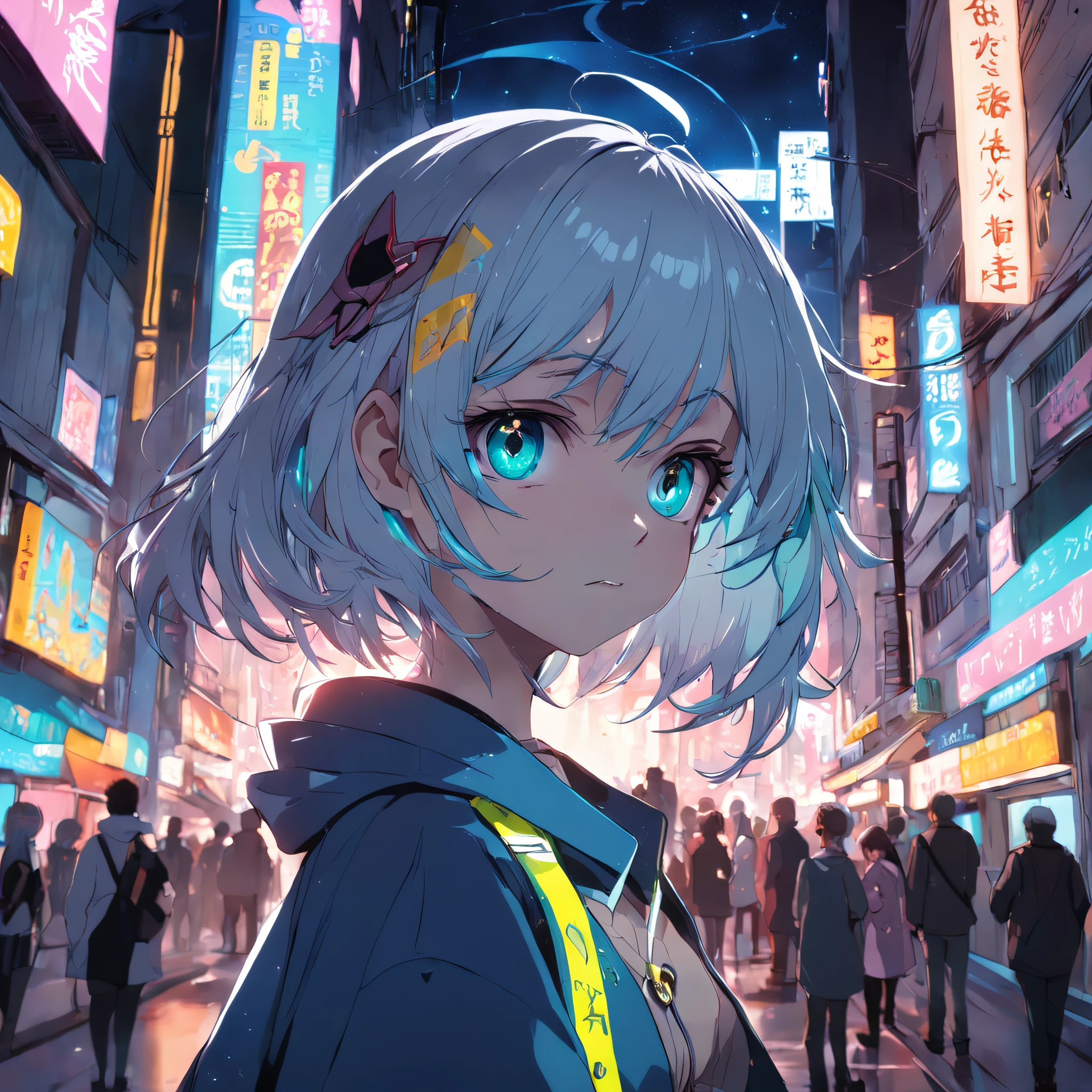 Noite, Fundo colorido da cidade cyberpunk, menina de rua,Nazuna Nanakusa, yofukashi no uta, olhos azuis, olhos brilhantes, Meias pretas, retroiluminado, brilhar, Surveying the audience, Low angle lens, olhando para cima lente, perfect composition, delicadeza perfeita de luz e sombra, 8k
