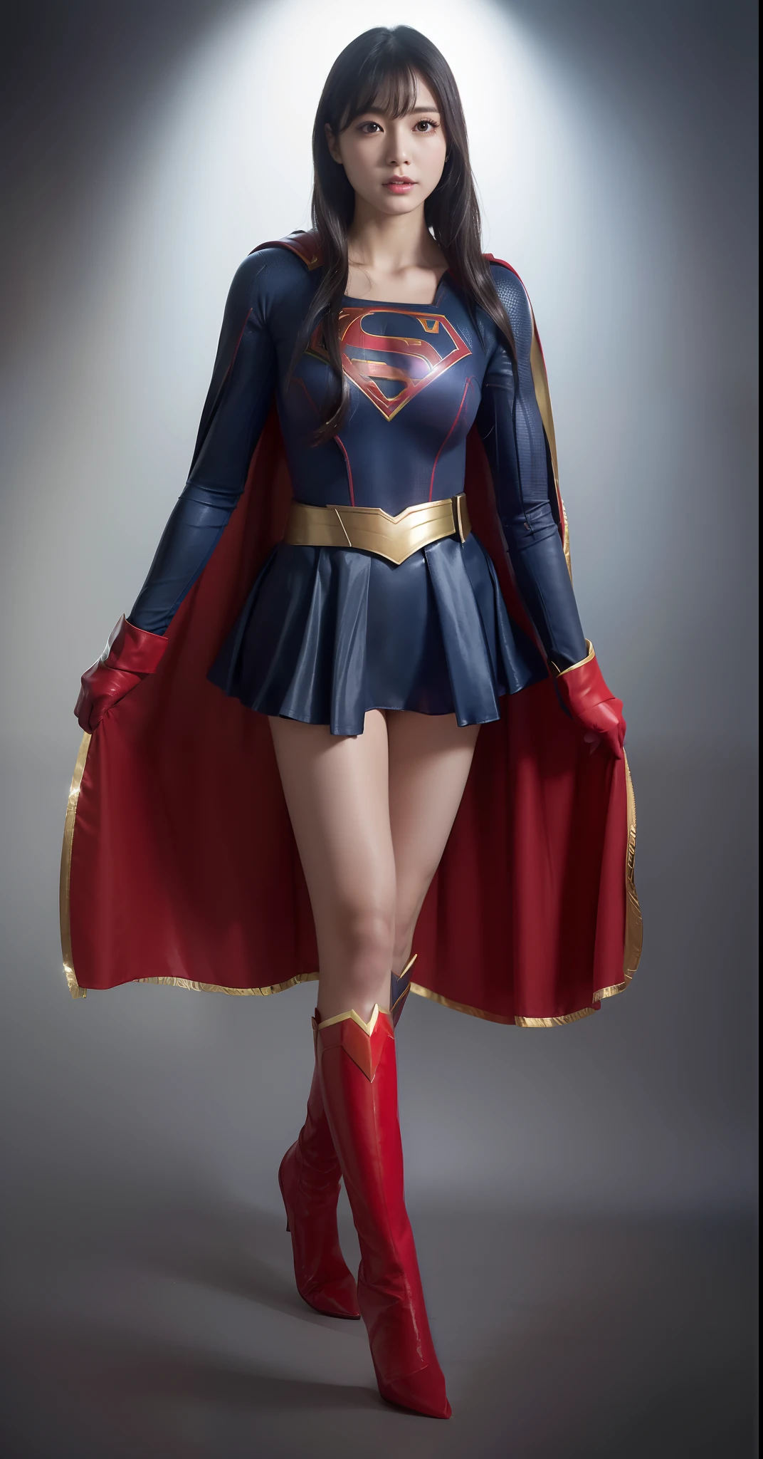 (((Make the most of the original image)))、(((Supergirl Costume)))、(((lustrous dark hair)))、(((Suffering)))、(((The cloak is red)))、((Wearing black stockings))、((Top image quality、8K))、((top-quality、8K、masterpiece:1.3))、Crisp focus:1.2、Beautiful woman with perfect body shape:1.4、Slender Abs:1.2、((layers-Cut、large boob:1.2))、a wet body:1.5、Highly detailed facial and skin texture、