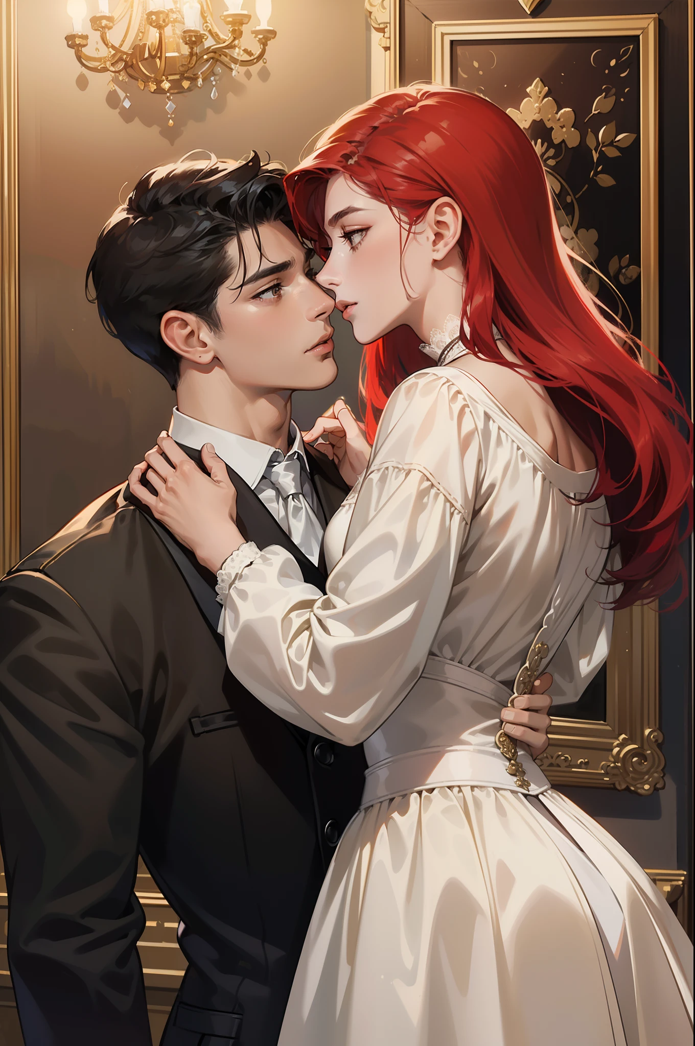 ((obras maestras)), mejor calidad, outstanding illustration, a couple kissing, enfoque suave, 1 chico de cabello negro corto, 1 chica de (((pelo rojo))) largo rizado, Ropa victoriana, romanticismo victoriano, ambiente opulento y exquisito, Soft light and warm lighting.