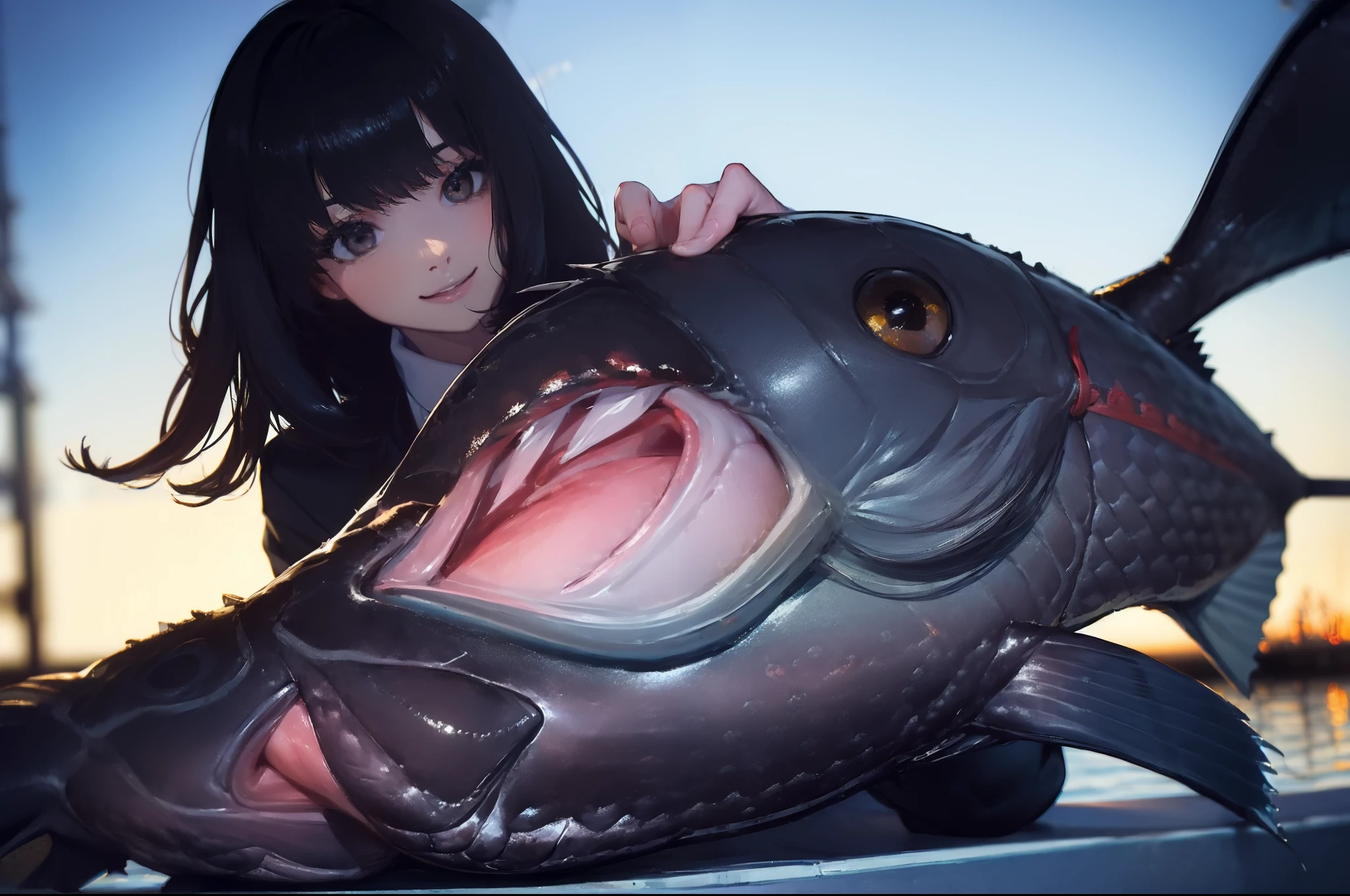 ((((Catch a big black bass by the lakeside:1.5)))),((1 Female 22 years old))((Best Quality, masterpiece :1.5)),(((Hands with the correct number and structure of fingers:1.4))),hight resolution,ultra-detailliert,​masterpiece,best qualtiy,,Black hair, long eyeslashes, Solid Circle Eyes, Smiling Woman, drop shadow, Atmospheric perspective,Super Detail, ccurate, small brest,(Black jacket :1.1),top-quality, blurry backround, bokeh dof:1.2, (​masterpiece:1.3),  Atmospheric perspective,Super Detail,dynamic compositions