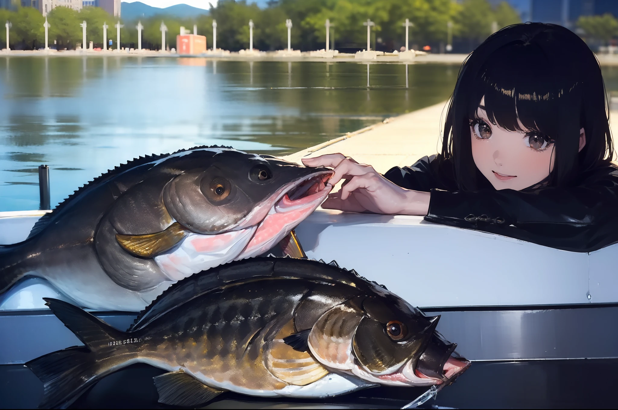 ((((Catch a big black bass by the lakeside:1.5)))),((1 Female 22 years old))((Best Quality, masterpiece :1.5)),(((Hands with the correct number and structure of fingers:1.4))),hight resolution,ultra-detailliert,​masterpiece,best qualtiy,,Black hair, long eyeslashes, Solid Circle Eyes, Smiling Woman, drop shadow, Atmospheric perspective,Super Detail, ccurate, small brest,(Black jacket :1.1),top-quality, blurry backround, bokeh dof:1.2, (​masterpiece:1.3),  Atmospheric perspective,Super Detail,dynamic compositions